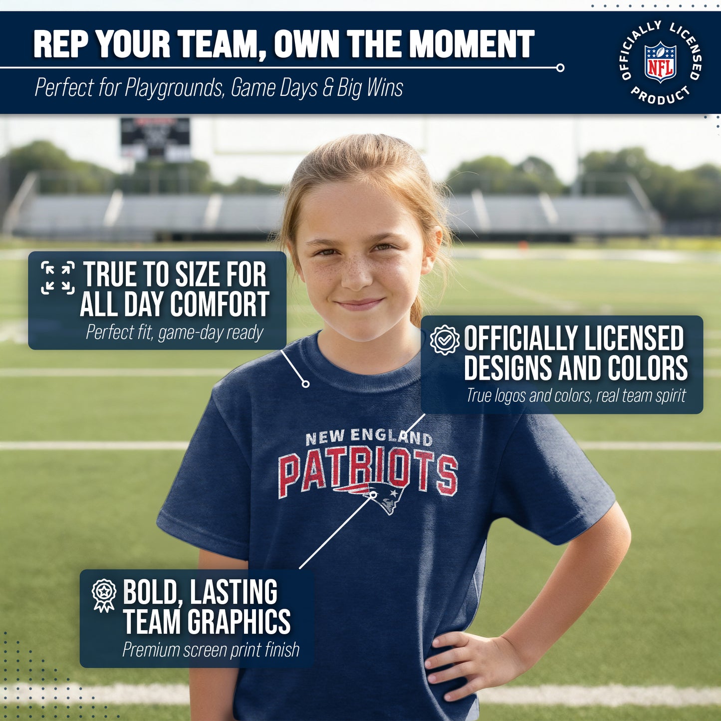 New England Patriots NFL Youth Starting Fresh Tee- Pro Football Tag-Less T-Shirt For Boys & Girls - Navy