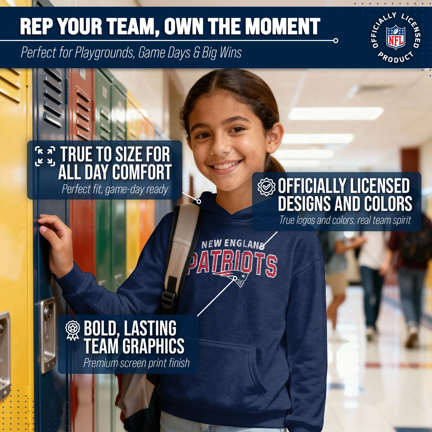 New England Patriots NFL Youth Starting Fresh Hoodie- Pro Football Sweatshirt for Boys and Girls - Navy