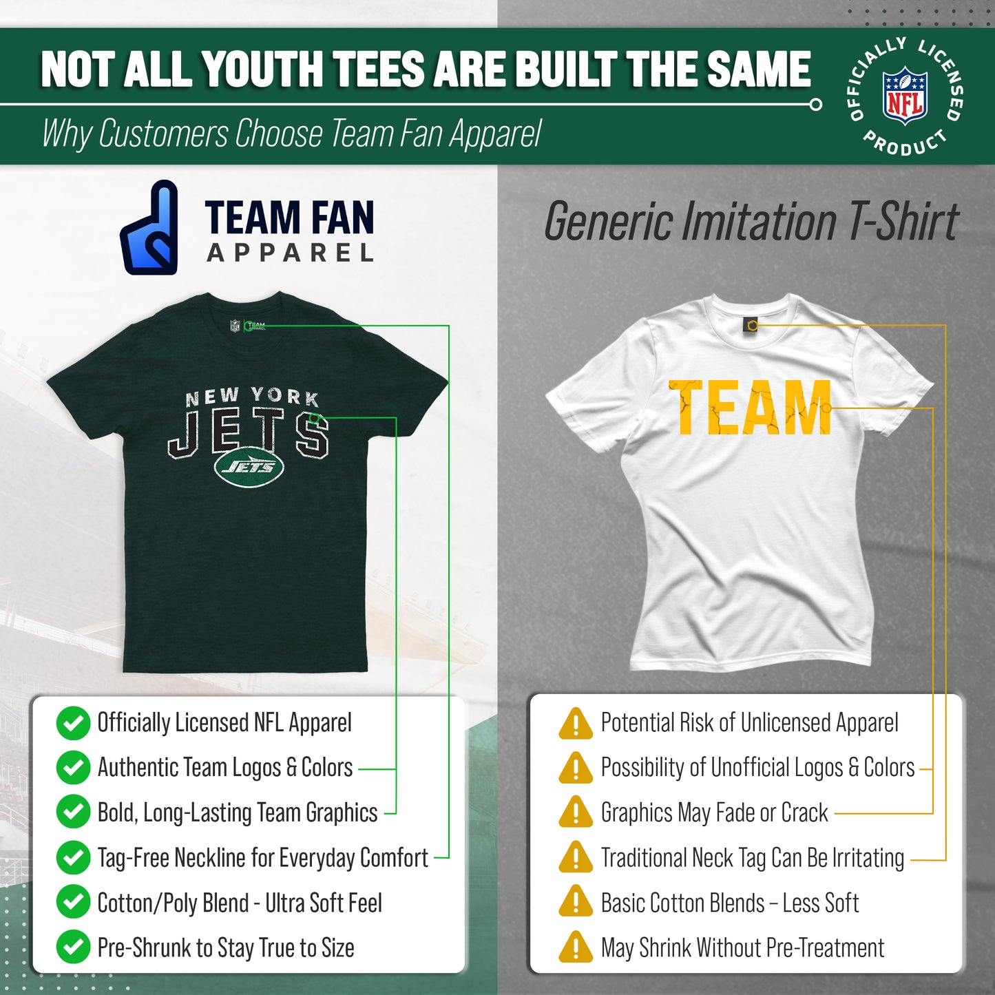 New York Jets NFL Youth Starting Fresh Tee- Pro Football Tag-Less T-Shirt For Boys & Girls - Green
