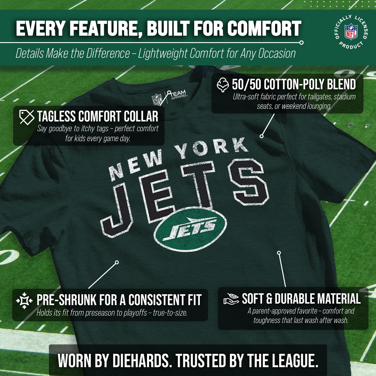 New York Jets NFL Youth Starting Fresh Tee- Pro Football Tag-Less T-Shirt For Boys & Girls - Green