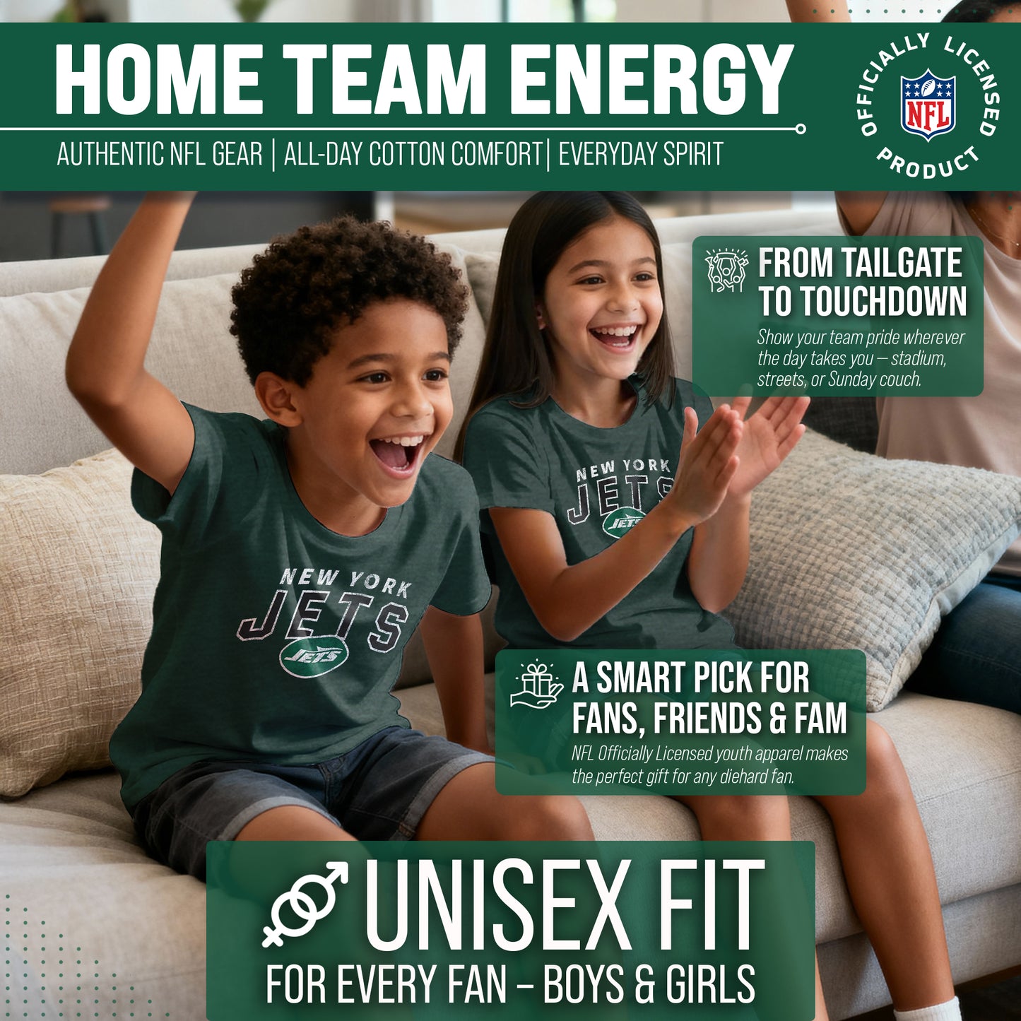 New York Jets NFL Youth Starting Fresh Tee- Pro Football Tag-Less T-Shirt For Boys & Girls - Green