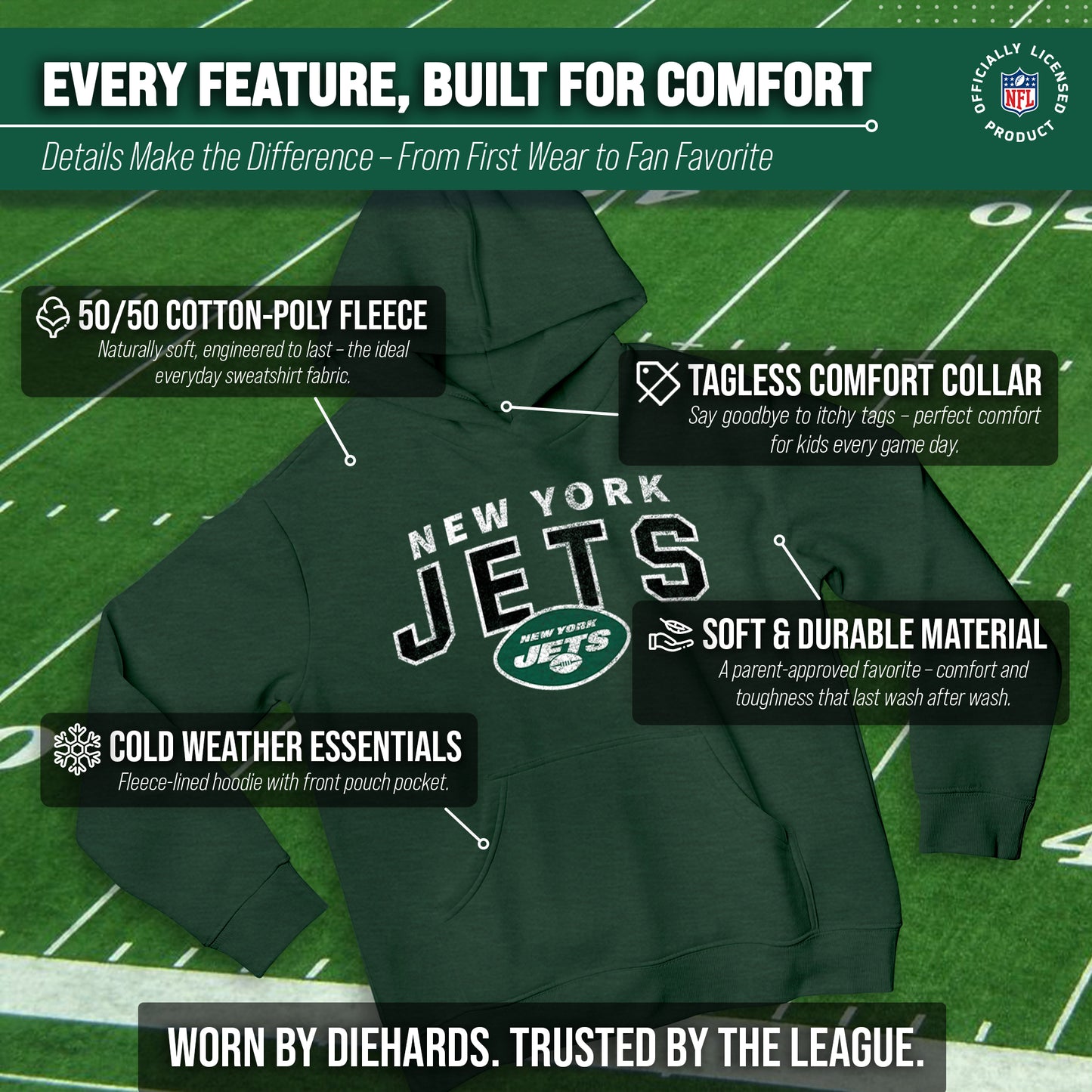 New York Jets NFL Youth Starting Fresh Hoodie- Pro Football Sweatshirt for Boys and Girls - Green