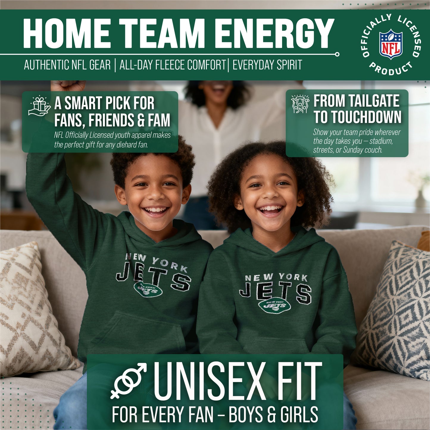 New York Jets NFL Youth Starting Fresh Hoodie- Pro Football Sweatshirt for Boys and Girls - Green
