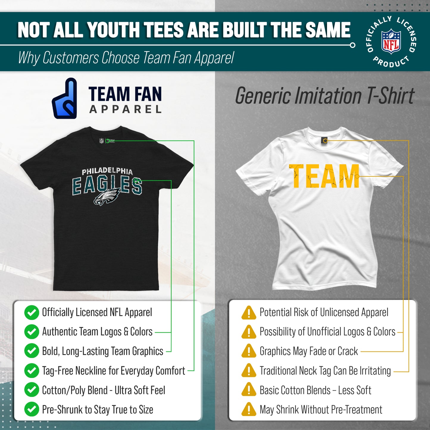 Philadelphia Eagles NFL Youth Starting Fresh Tee- Pro Football Tag-Less T-Shirt For Boys & Girls - Black