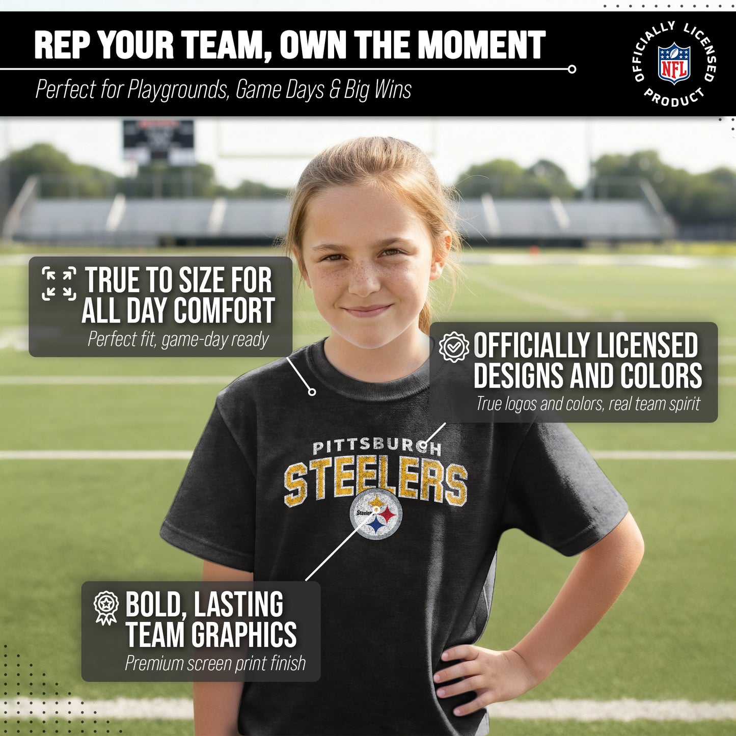 Pittsburgh Steelers NFL Youth Starting Fresh Tee- Pro Football Tag-Less T-Shirt For Boys & Girls - Black