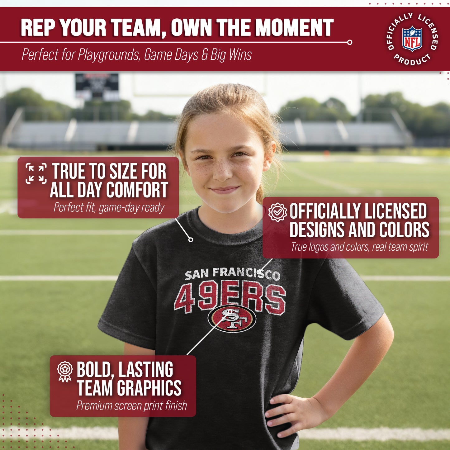 San Francisco 49ers NFL Youth Starting Fresh Tee- Pro Football Tag-Less T-Shirt For Boys & Girls - Black