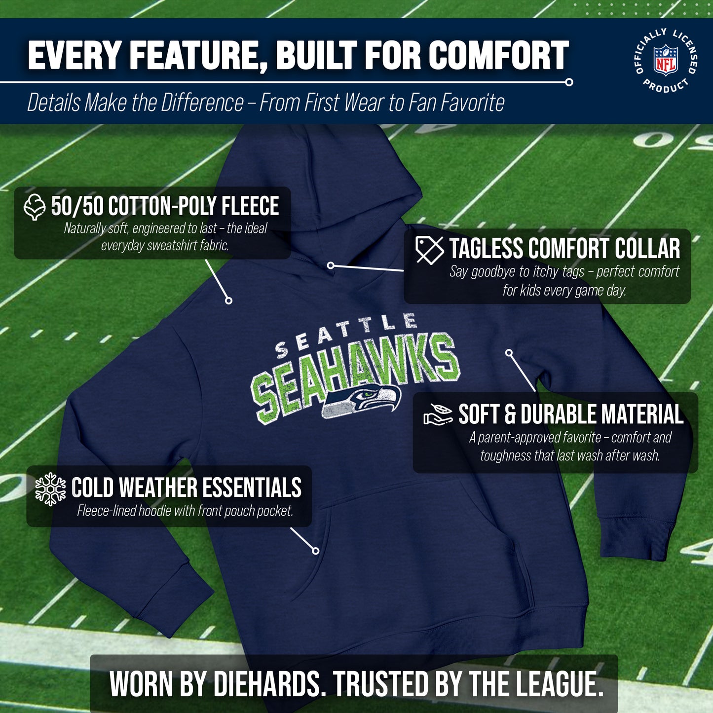Seattle Seahawks NFL Youth Starting Fresh Hoodie- Pro Football Sweatshirt for Boys and Girls - Navy