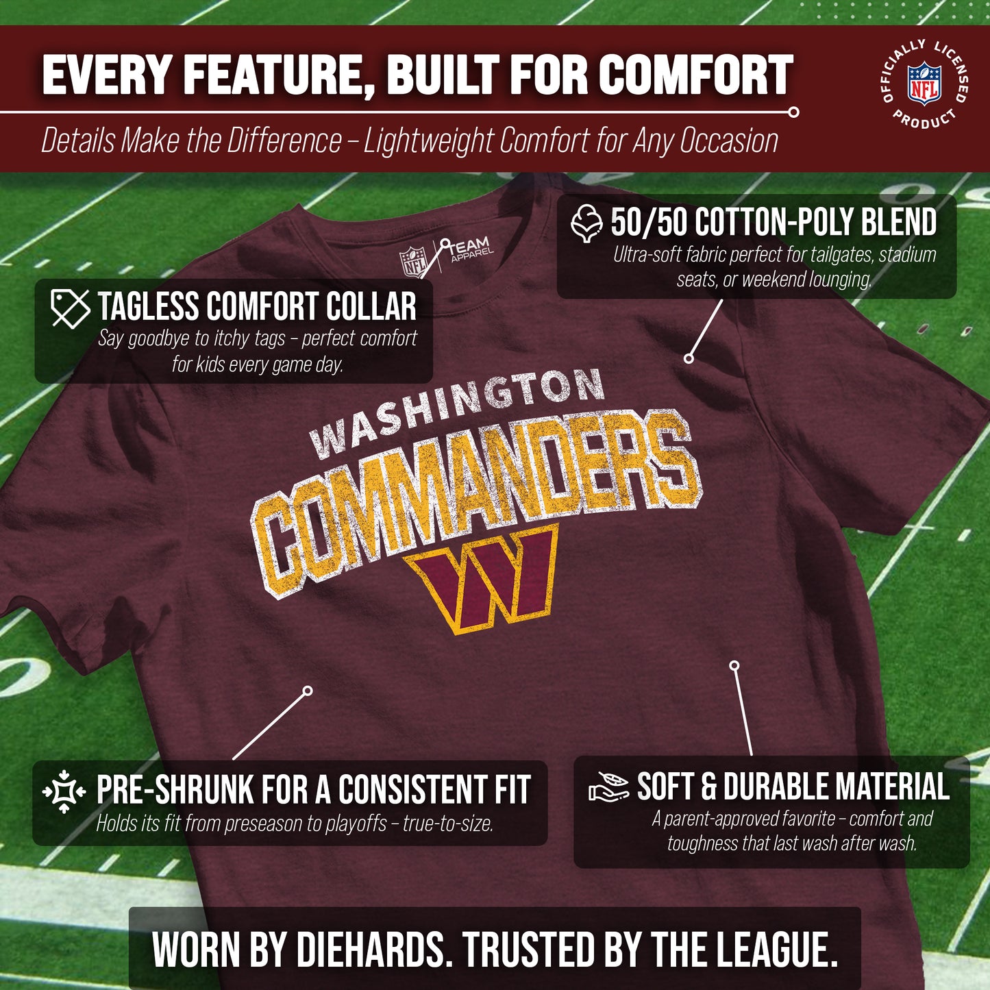 Washington Commanders NFL Youth Starting Fresh Tee- Pro Football Tag-Less T-Shirt For Boys & Girls - Maroon