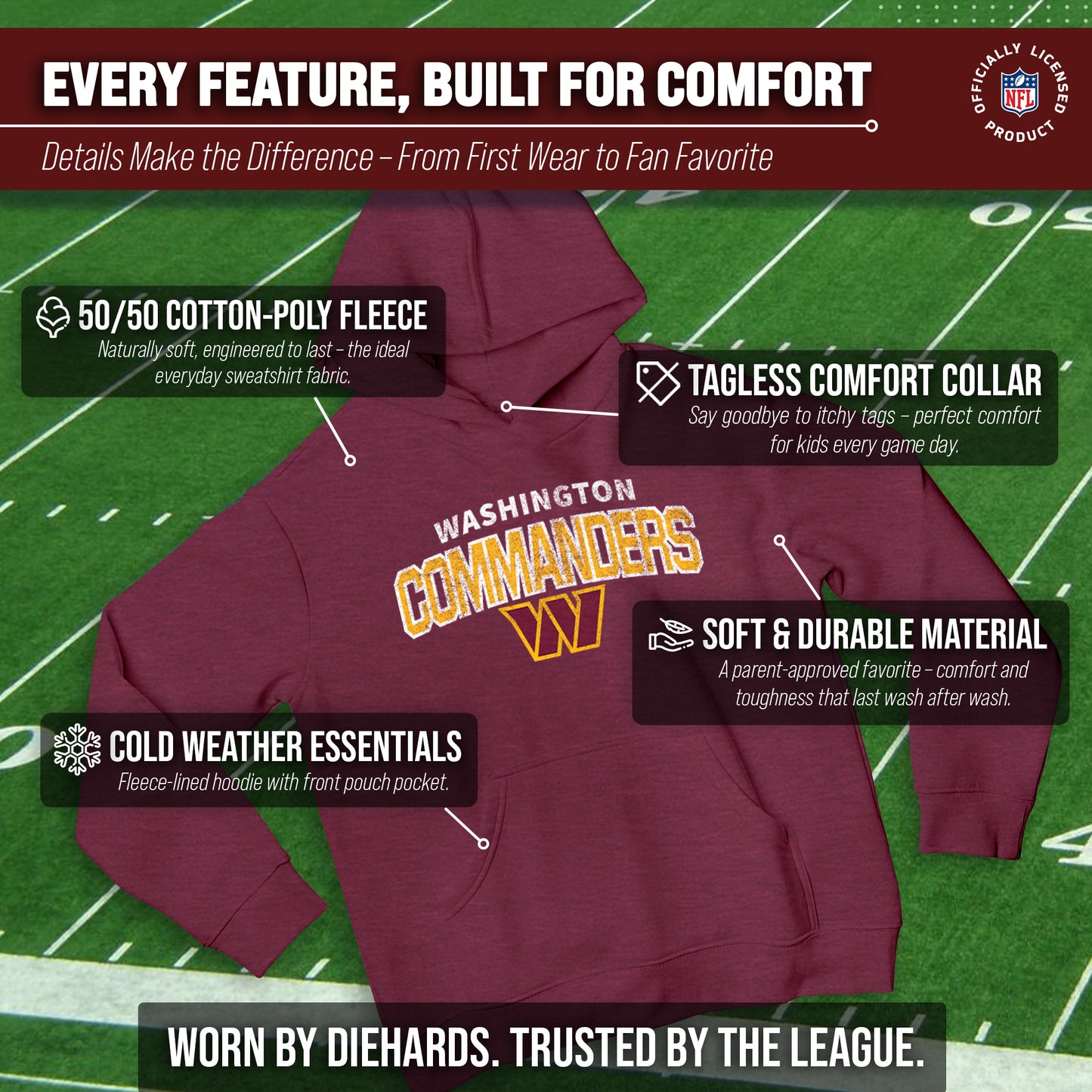 Washington Commanders NFL Youth Starting Fresh Hoodie- Pro Football Sweatshirt for Boys and Girls - Maroon