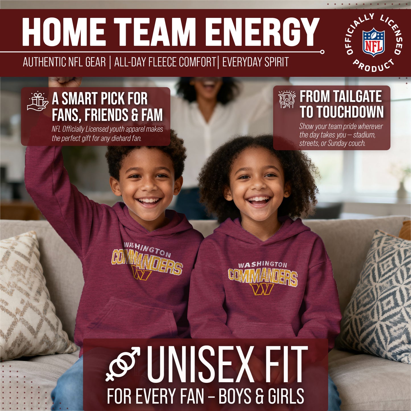 Washington Commanders NFL Youth Starting Fresh Hoodie- Pro Football Sweatshirt for Boys and Girls - Maroon