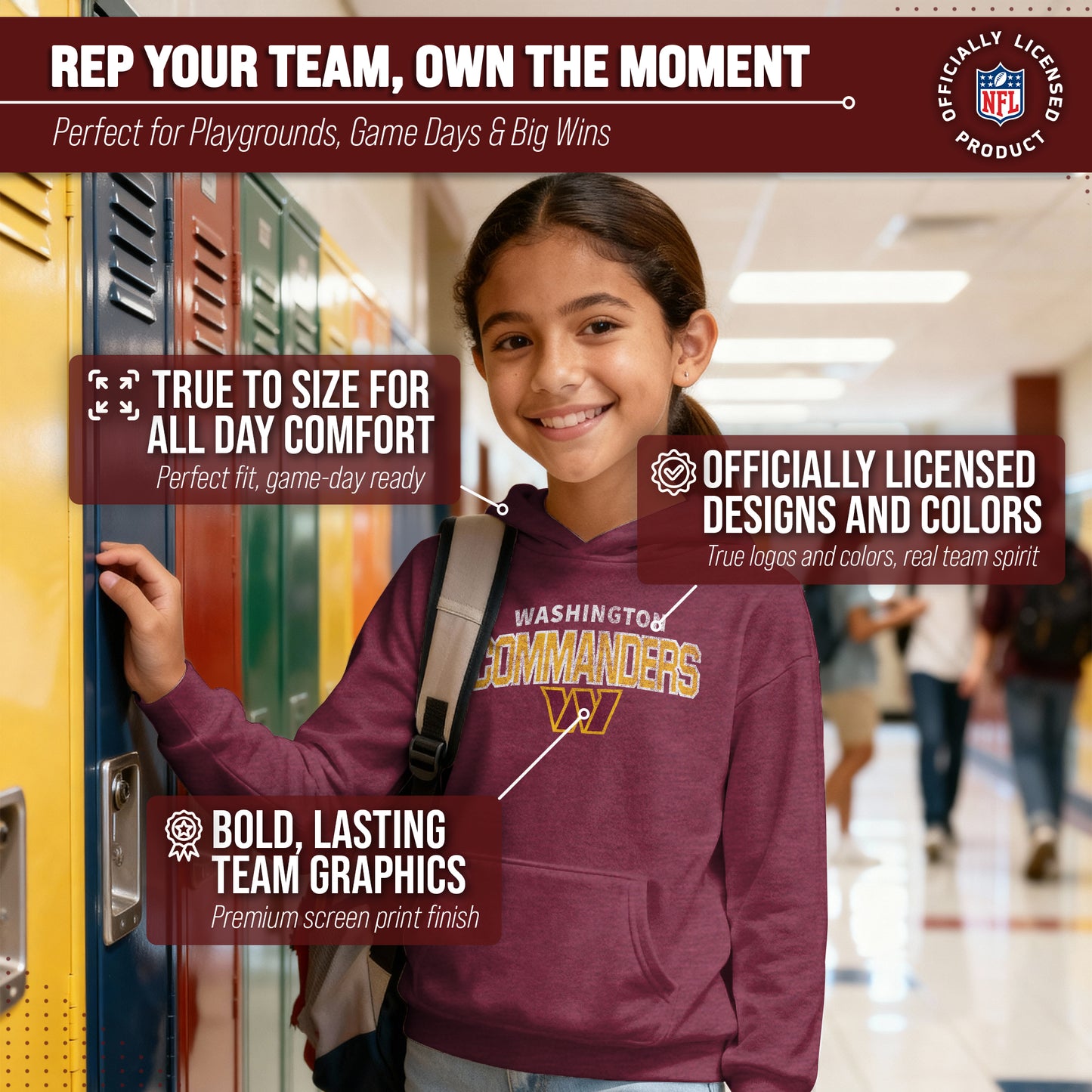 Washington Commanders NFL Youth Starting Fresh Hoodie- Pro Football Sweatshirt for Boys and Girls - Maroon