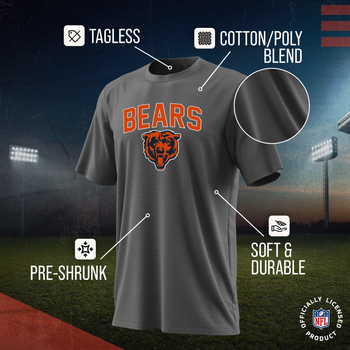 Chicago Bears NFL Youth Home Team Tee- Youth Pro Football T-Shirt For Boys & Girls Kids clothes - Sport Gray