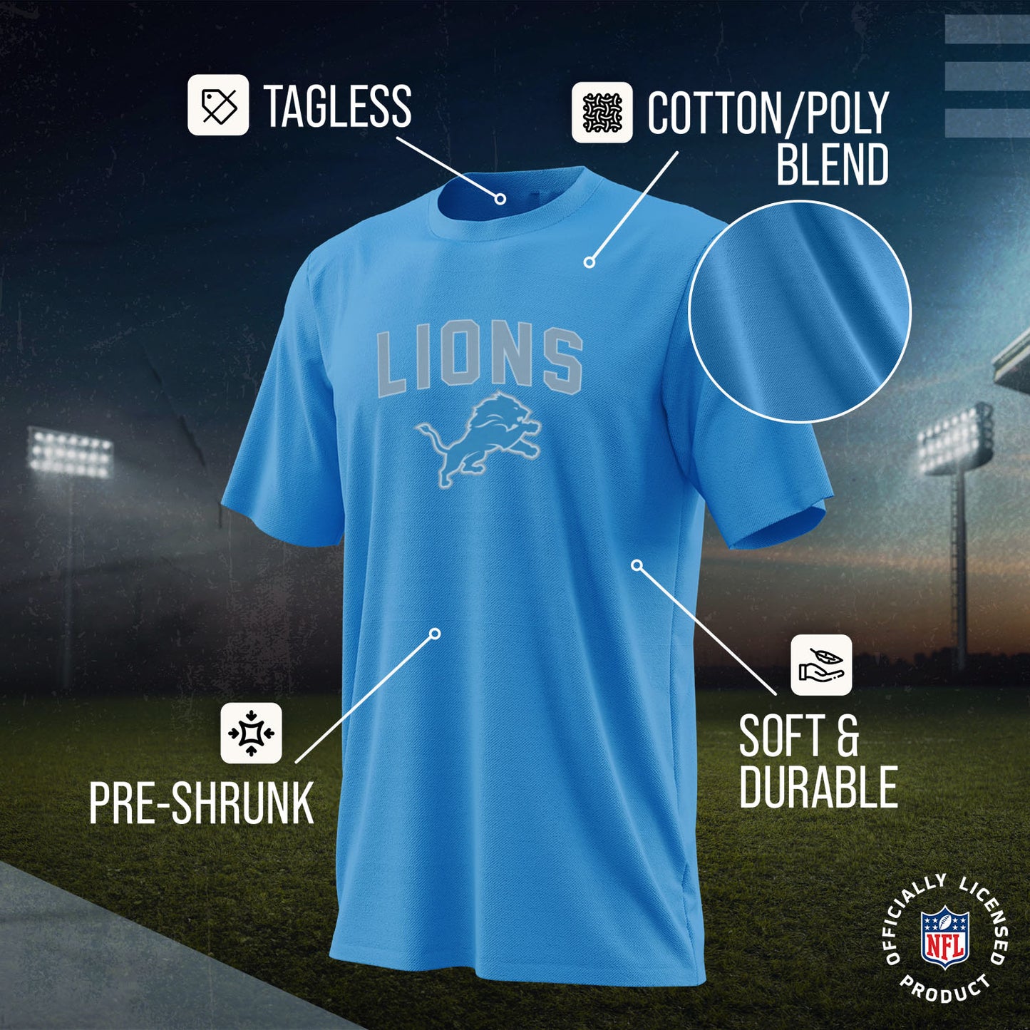 Detroit Lions NFL Youth Home Team Tee- Youth Pro Football T-Shirt For Boys & Girls Kids clothes - Light Blue