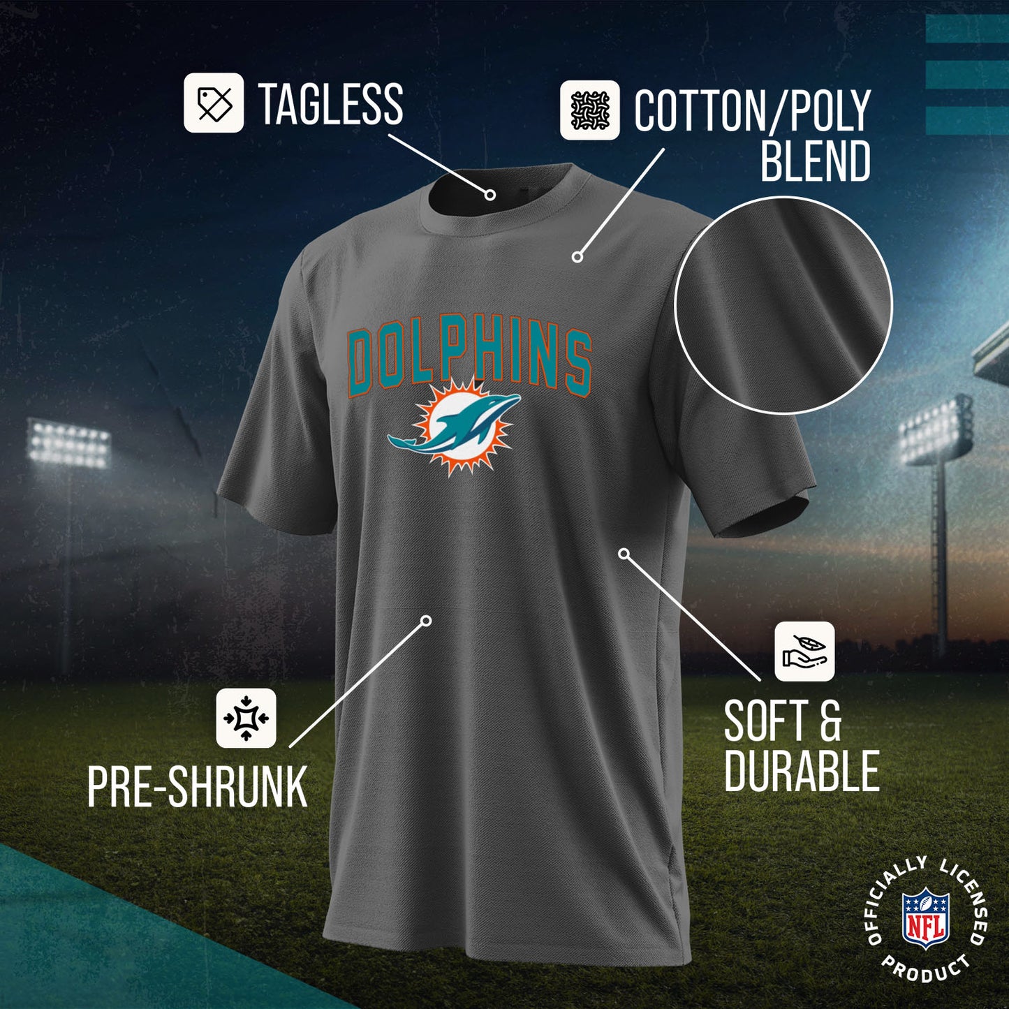Miami Dolphins NFL Youth Home Team Tee- Youth Pro Football T-Shirt For Boys & Girls Kids clothes - Sport Gray