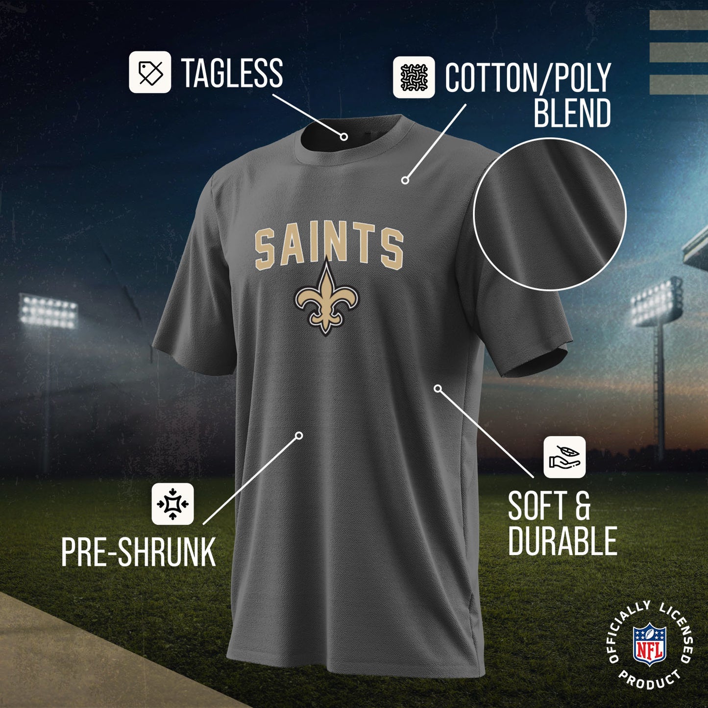 New Orleans Saints NFL Youth Home Team Tee- Youth Pro Football T-Shirt For Boys & Girls Kids clothes - Sport Gray