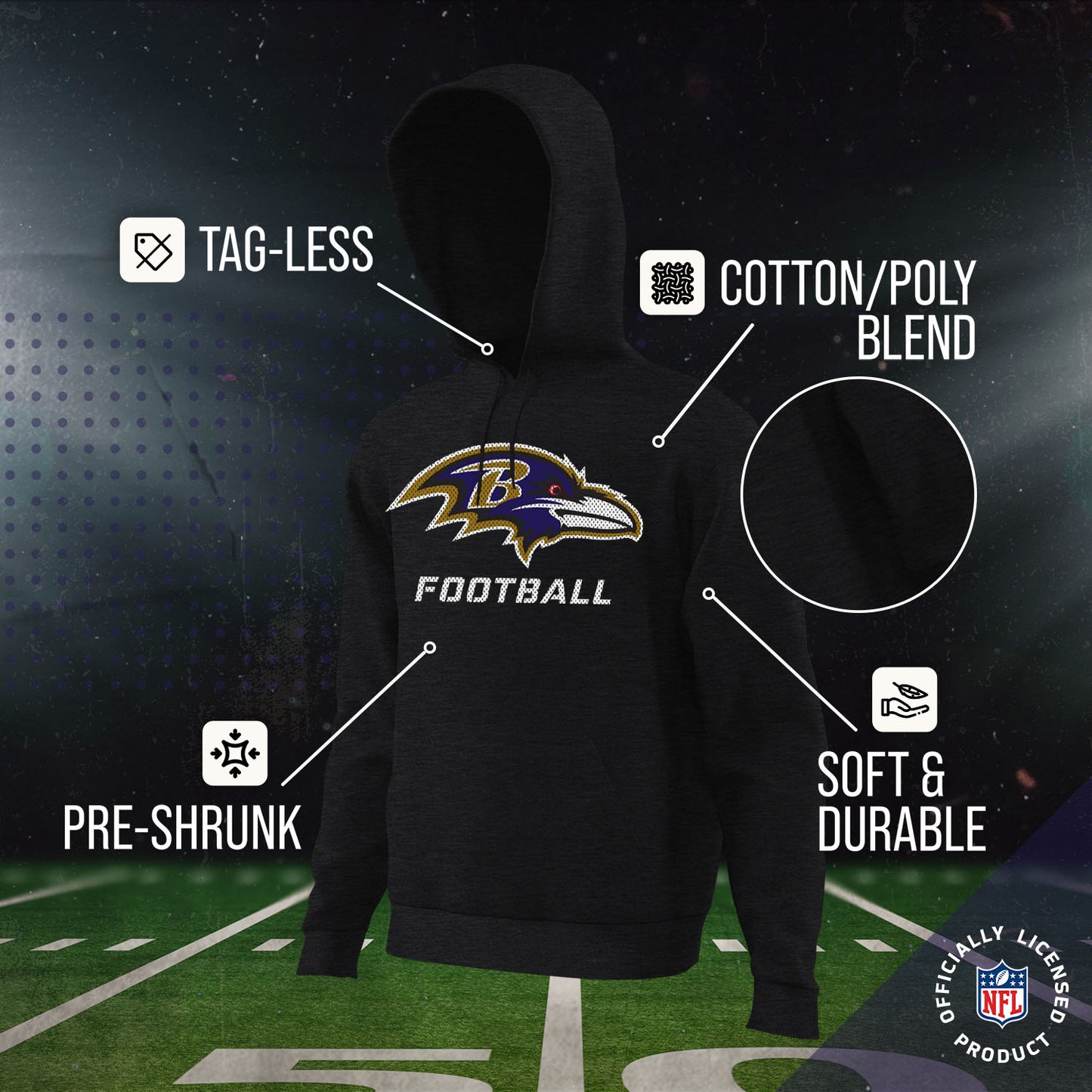 Baltimore Ravens NFL Youth Run City Hoodie- Kids Pro Football Pullover Sweatshirt- Officially Licensed - Black
