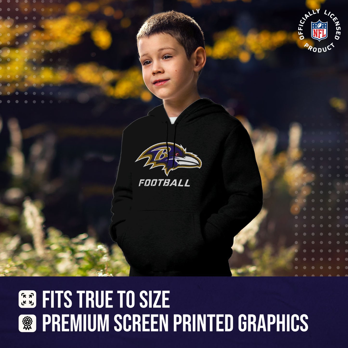 Baltimore Ravens NFL Youth Run City Hoodie- Kids Pro Football Pullover Sweatshirt- Officially Licensed - Black