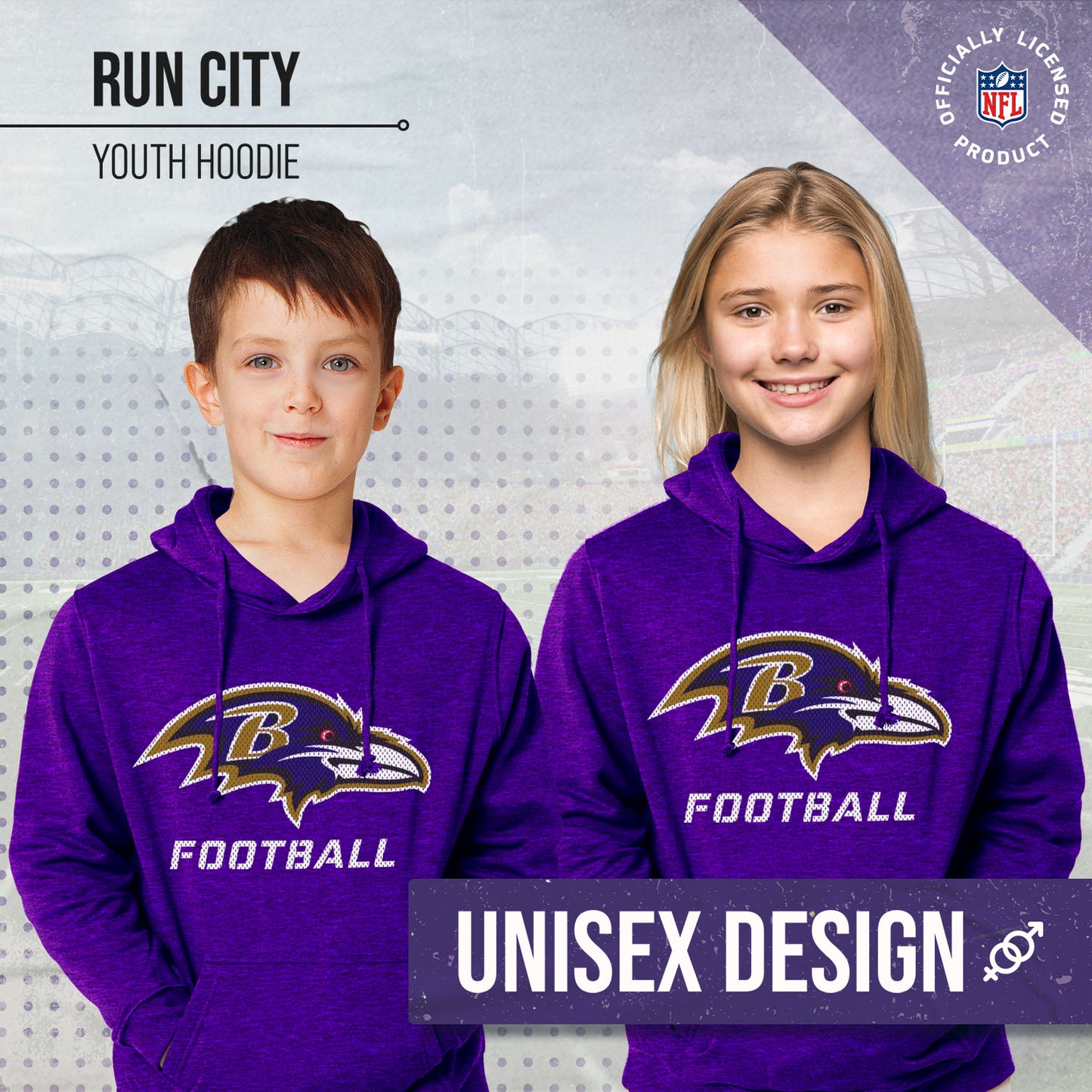 Baltimore Ravens NFL Youth Run City Hoodie- Kids Pro Football Pullover Sweatshirt- Officially Licensed - Purple