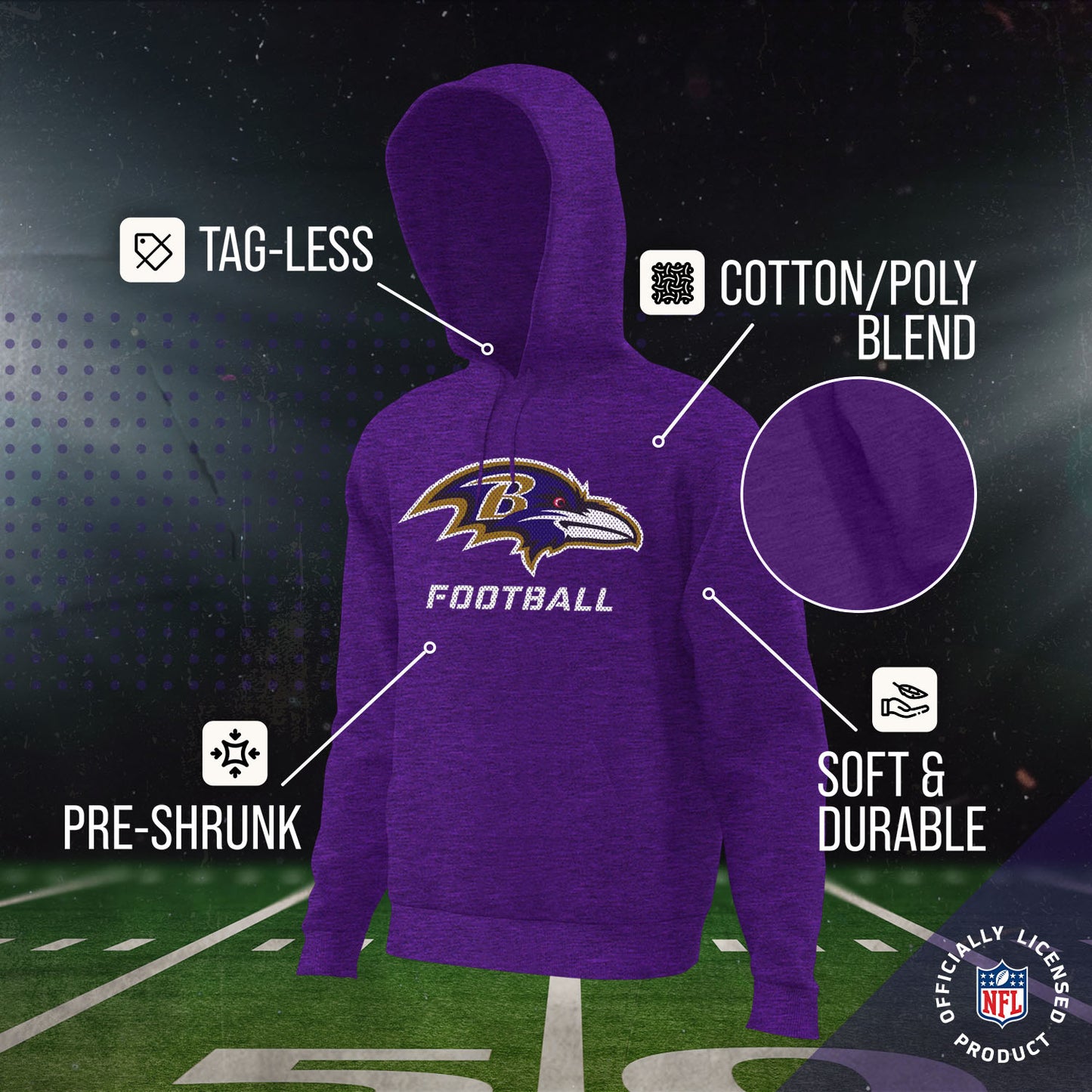 Baltimore Ravens NFL Youth Run City Hoodie- Kids Pro Football Pullover Sweatshirt- Officially Licensed - Purple