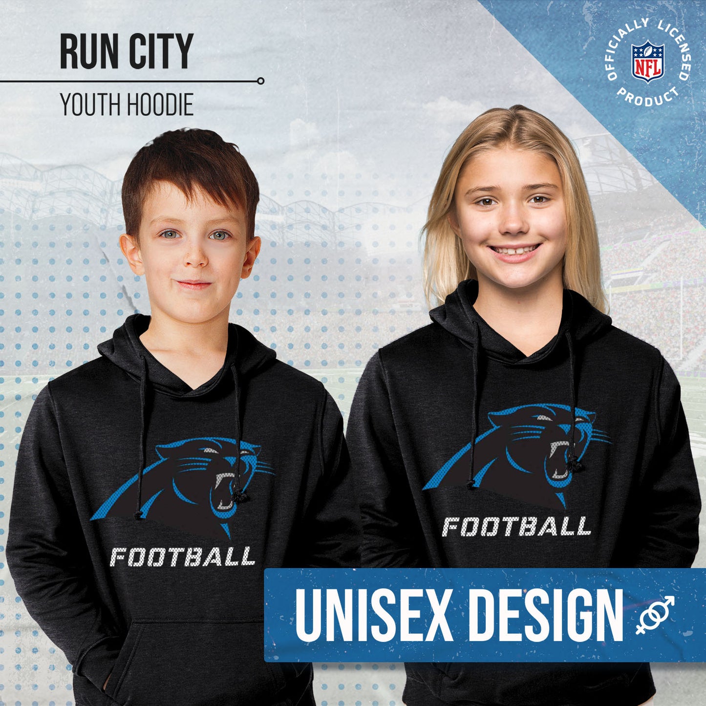 Carolina Panthers NFL Youth Run City Hoodie- Kids Pro Football Pullover Sweatshirt- Officially Licensed - Black