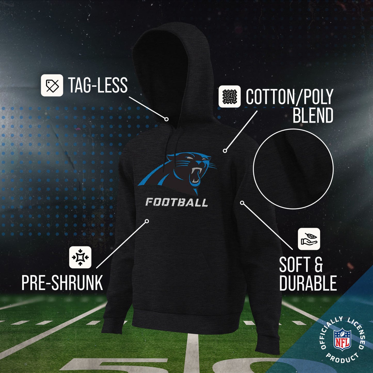 Carolina Panthers NFL Youth Run City Hoodie- Kids Pro Football Pullover Sweatshirt- Officially Licensed - Black