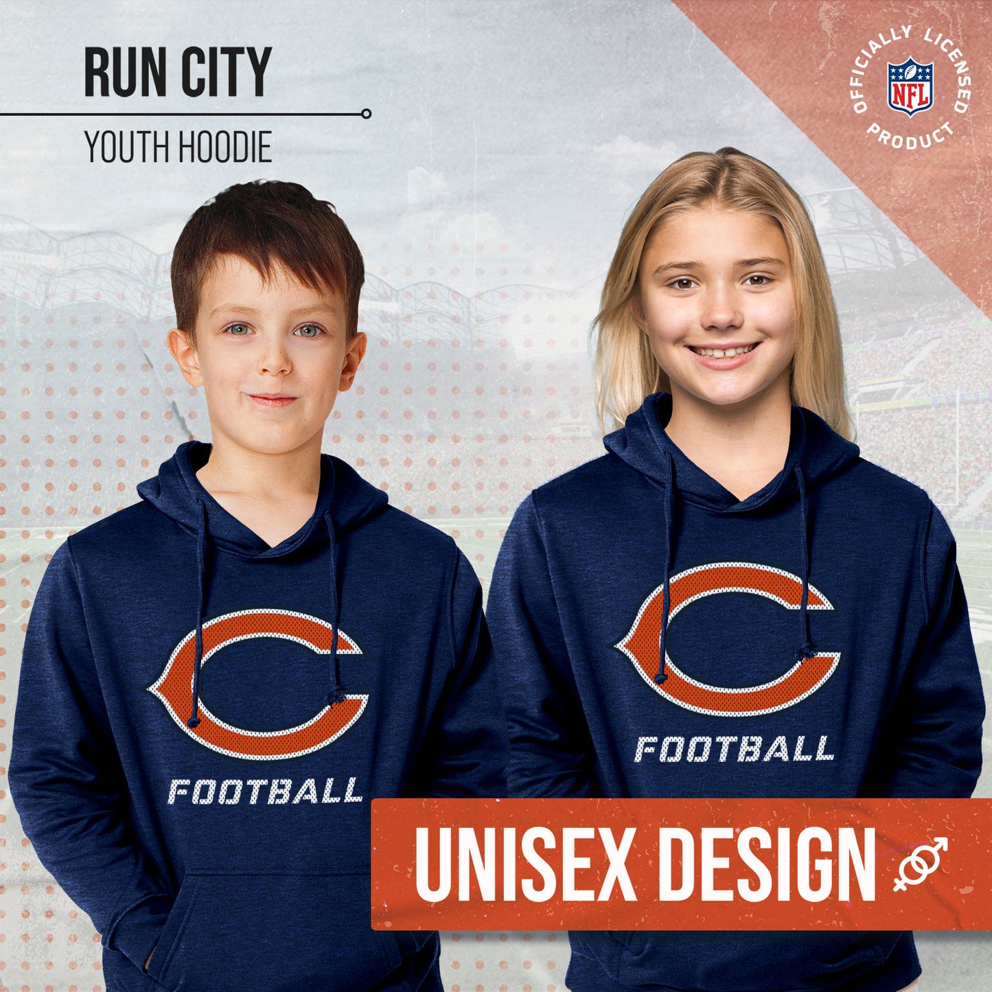 Chicago Bears NFL Youth Run City Hoodie- Kids Pro Football Pullover Sweatshirt- Officially Licensed - Navy