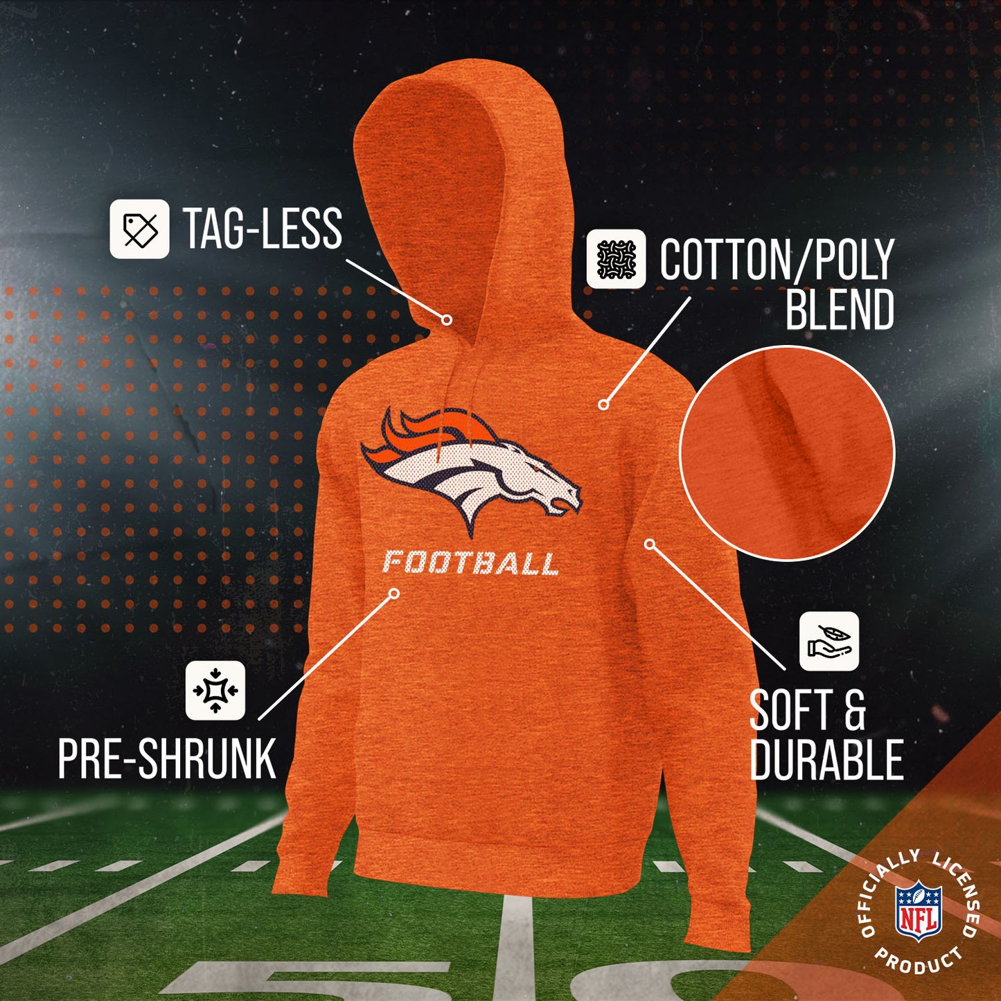 Denver Broncos NFL Youth Run City Hoodie- Kids Pro Football Pullover Sweatshirt- Officially Licensed - Orange
