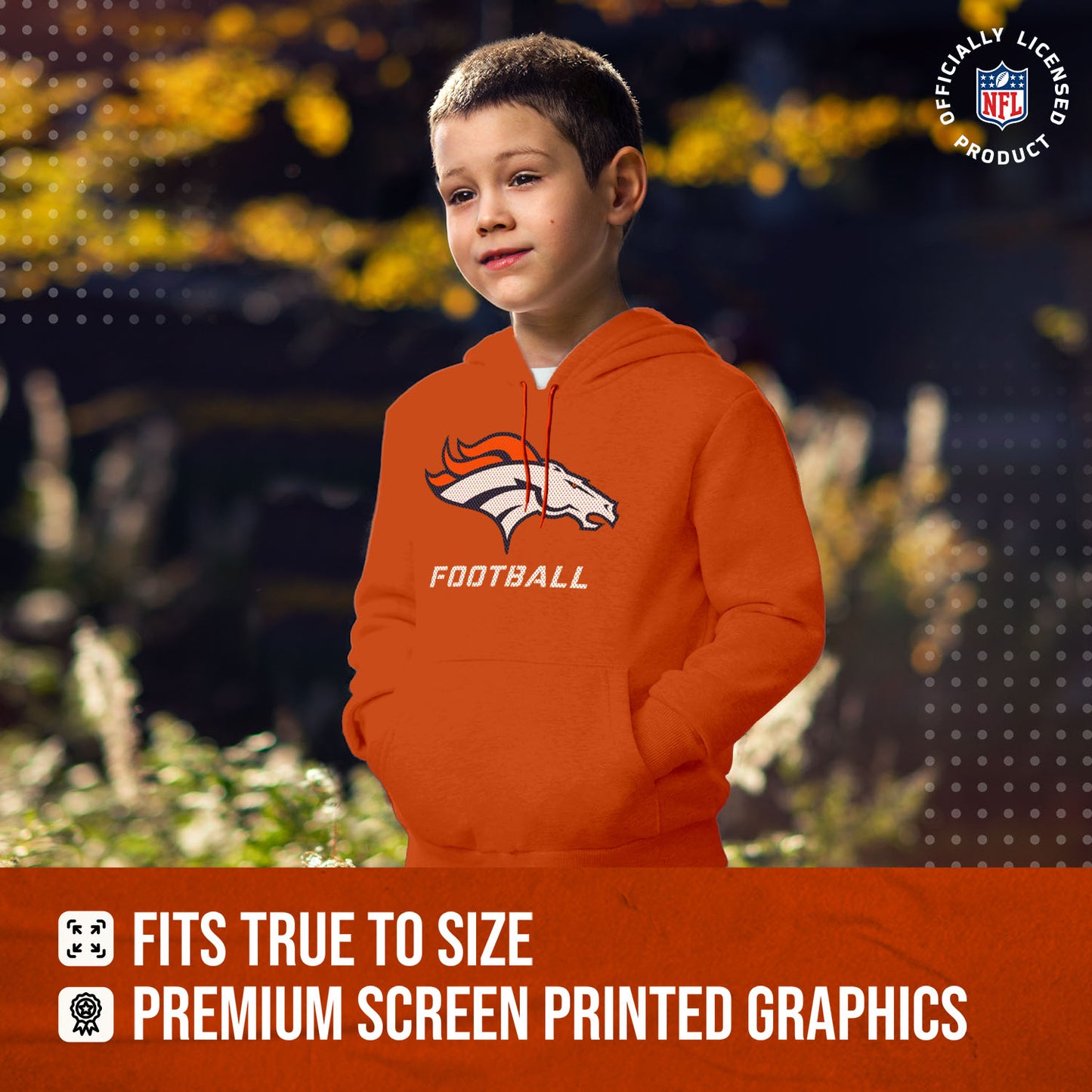 Denver Broncos NFL Youth Run City Hoodie- Kids Pro Football Pullover Sweatshirt- Officially Licensed - Orange
