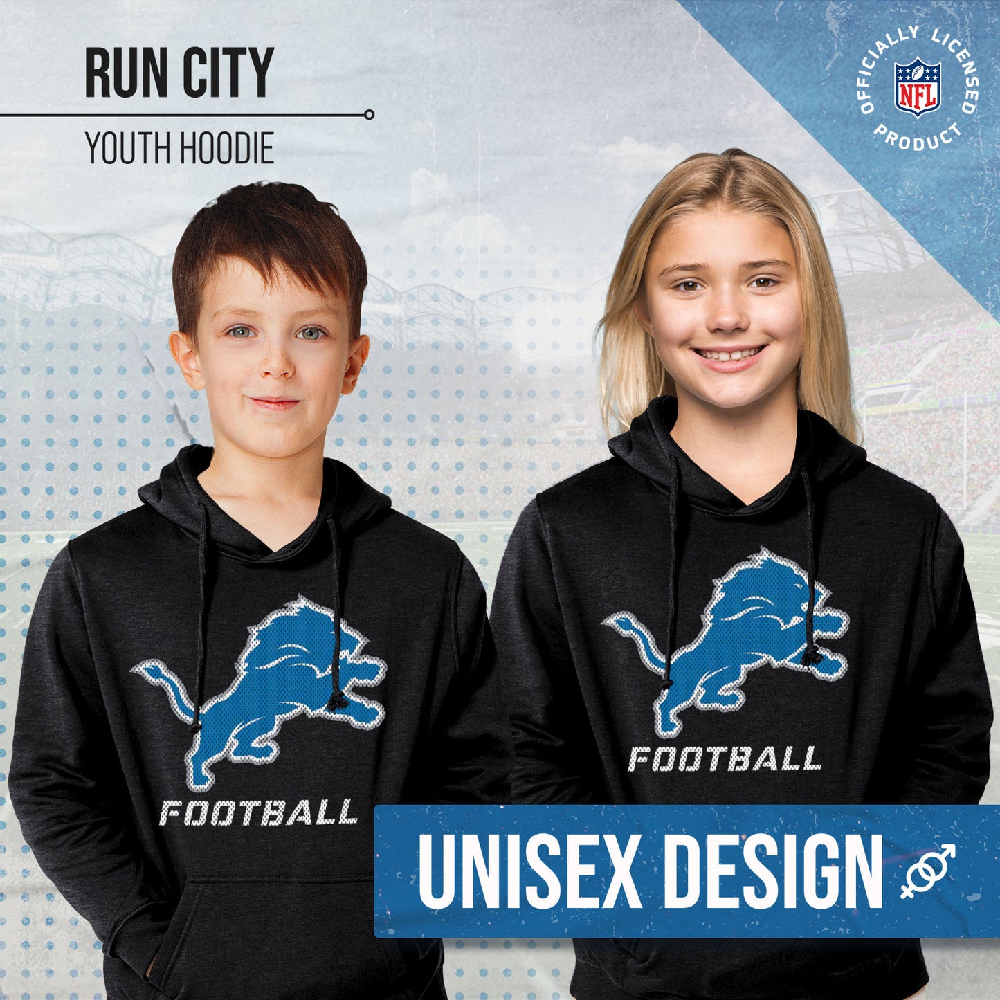 Detroit Lions NFL Youth Run City Hoodie- Kids Pro Football Pullover Sweatshirt- Officially Licensed - Black