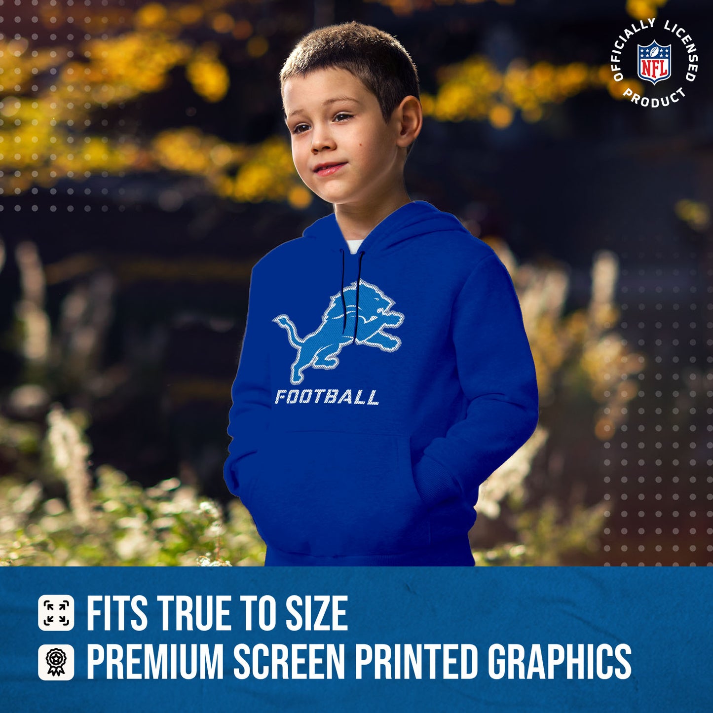 Detroit Lions NFL Youth Run City Hoodie- Kids Pro Football Pullover Sweatshirt- Officially Licensed - Royal
