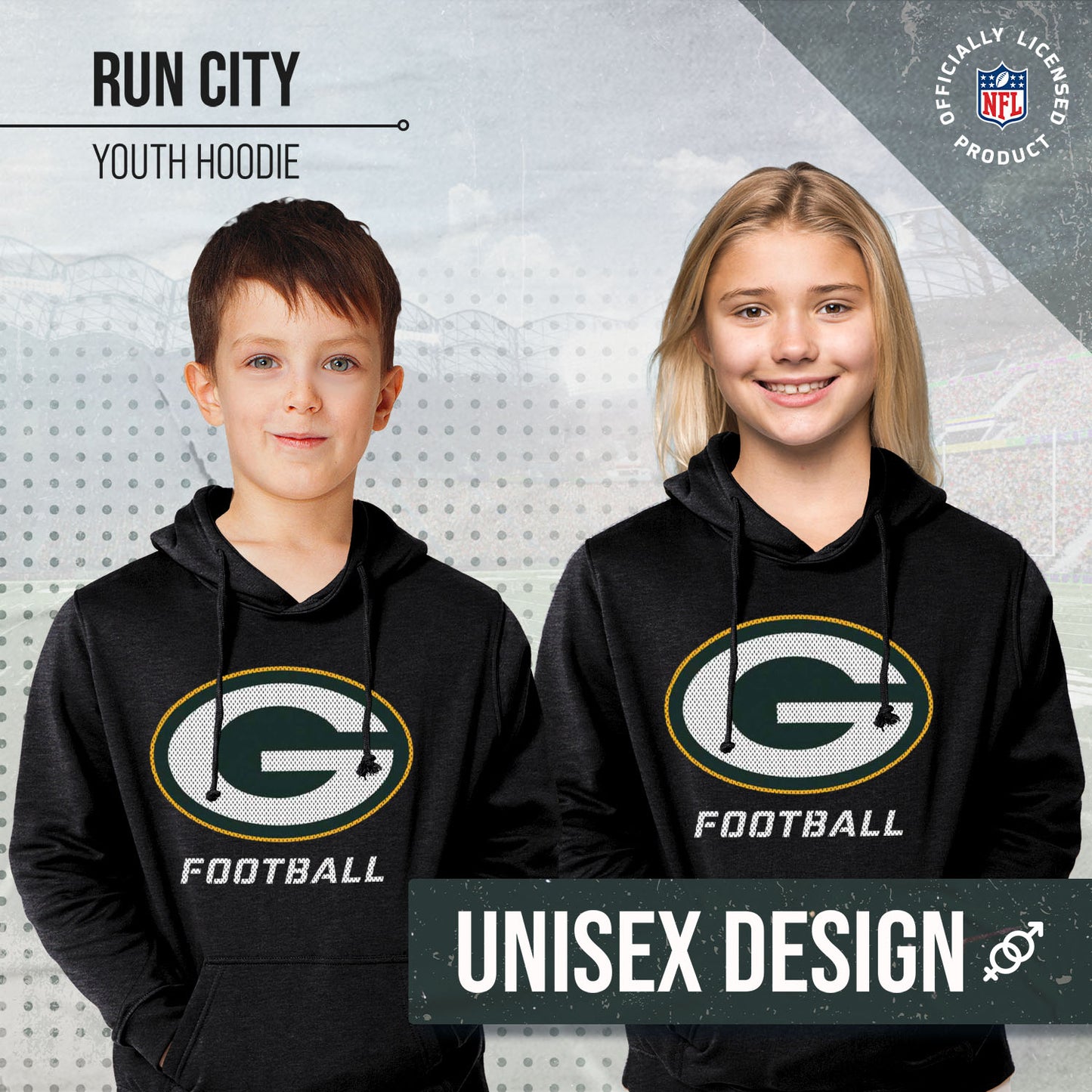 Green Bay Packers NFL Youth Run City Hoodie- Kids Pro Football Pullover Sweatshirt- Officially Licensed - Black