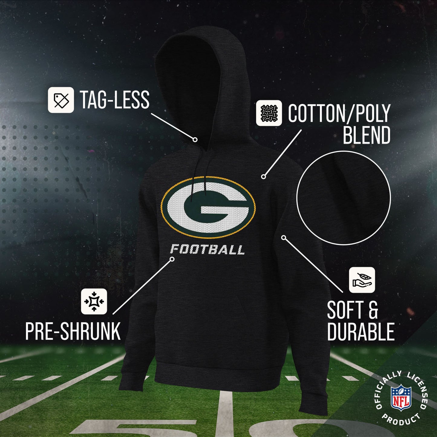 Green Bay Packers NFL Youth Run City Hoodie- Kids Pro Football Pullover Sweatshirt- Officially Licensed - Black
