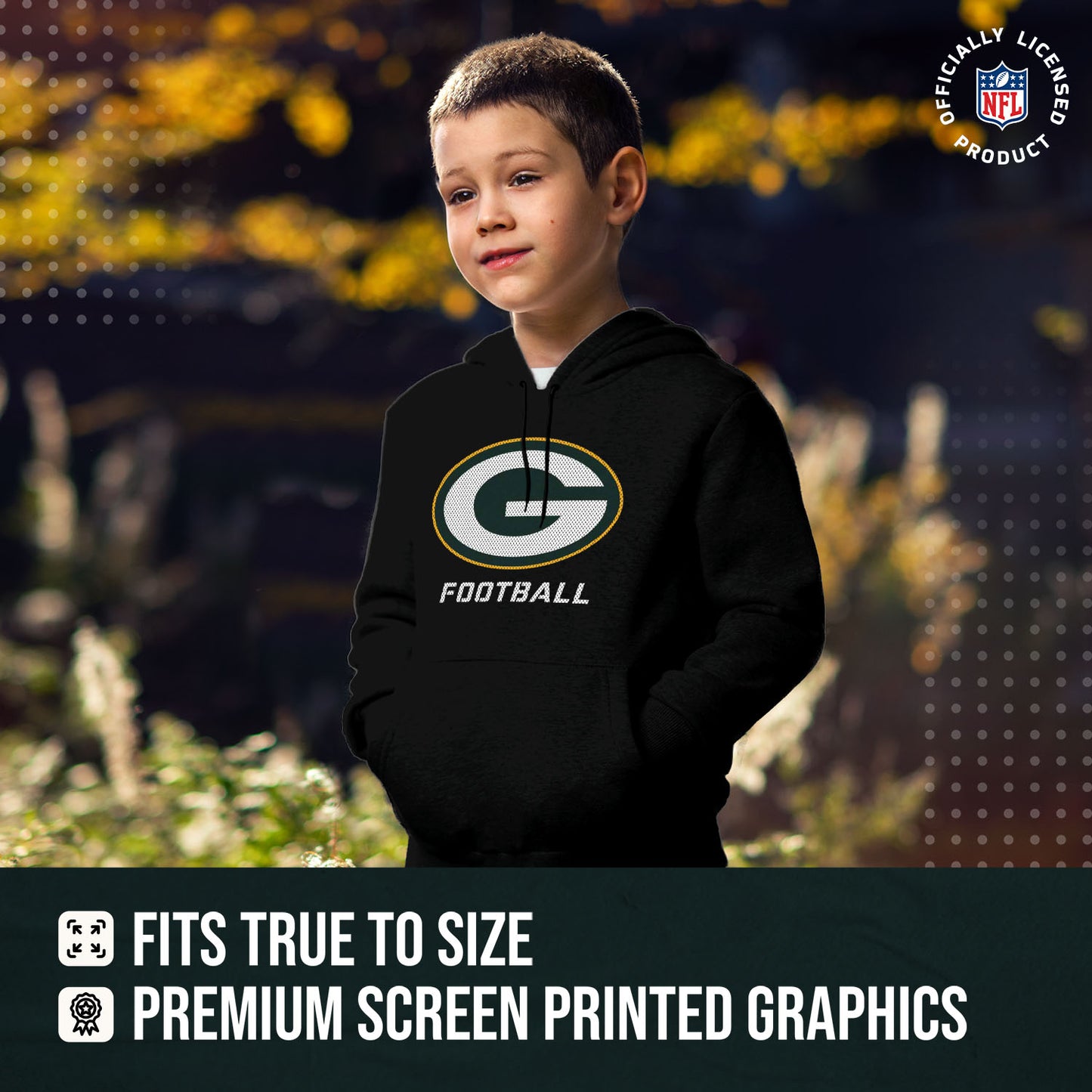 Green Bay Packers NFL Youth Run City Hoodie- Kids Pro Football Pullover Sweatshirt- Officially Licensed - Black
