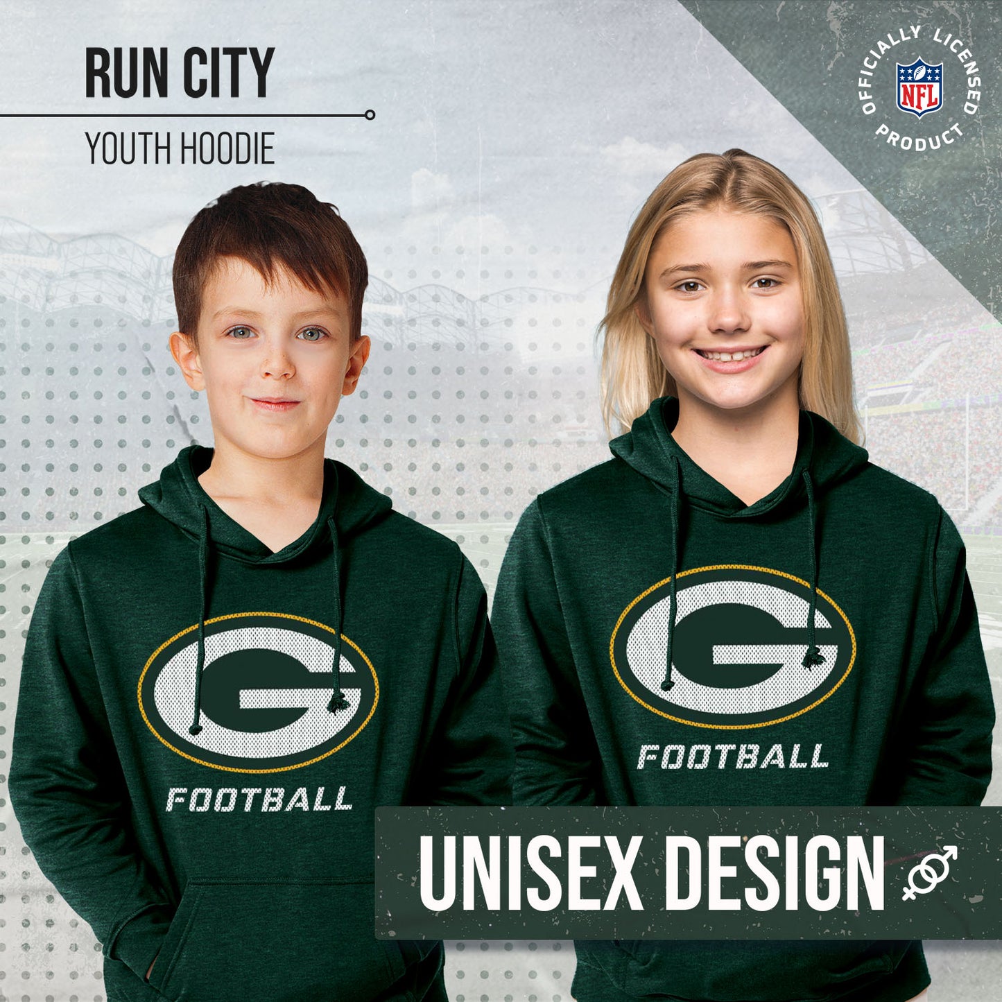 Green Bay Packers NFL Youth Run City Hoodie- Kids Pro Football Pullover Sweatshirt- Officially Licensed - Green