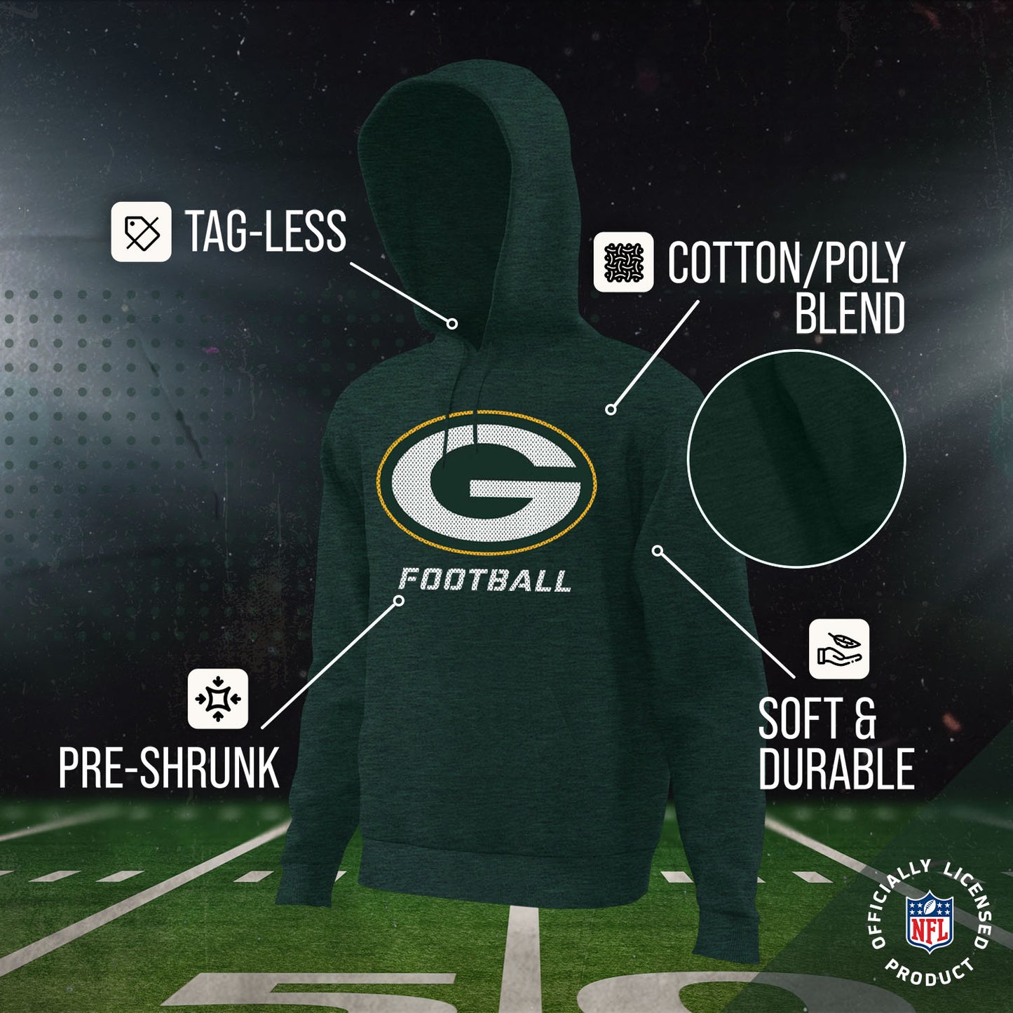 Green Bay Packers NFL Youth Run City Hoodie- Kids Pro Football Pullover Sweatshirt- Officially Licensed - Green