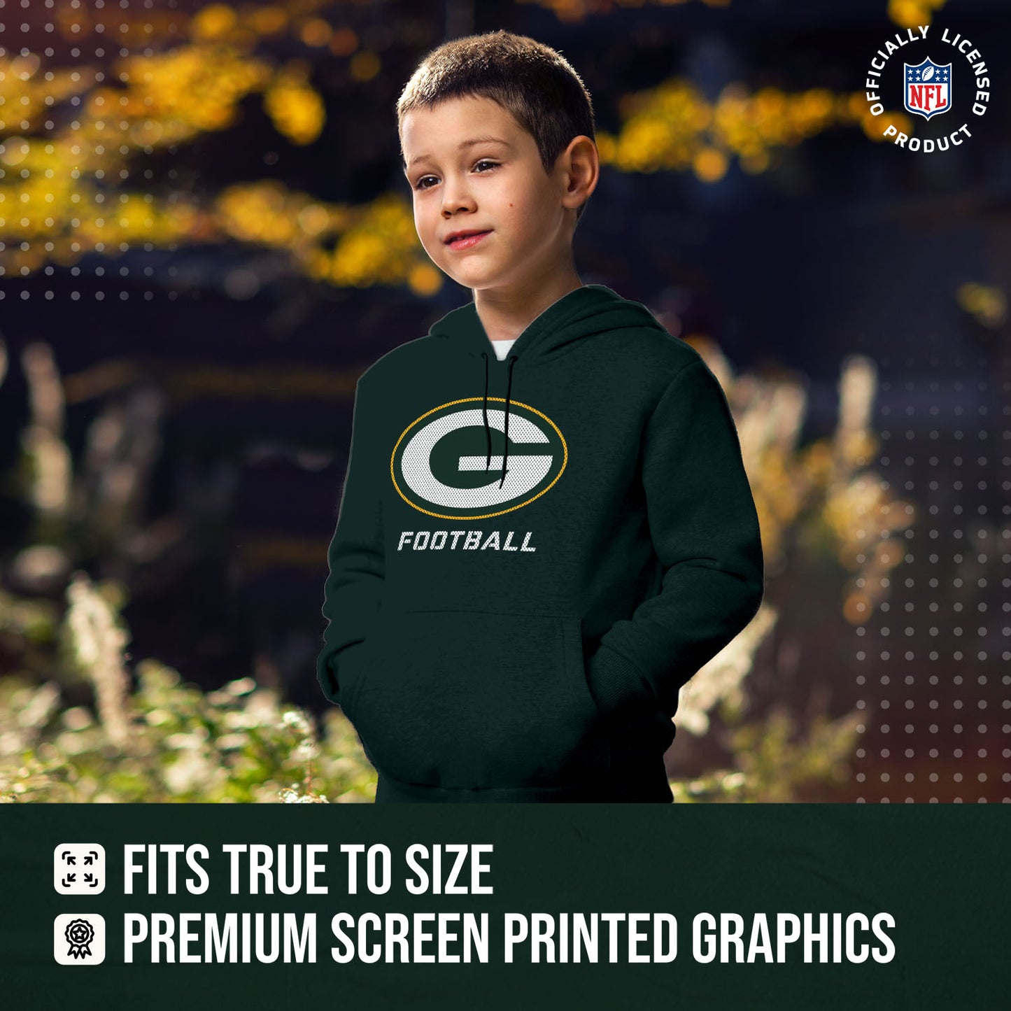 Green Bay Packers NFL Youth Run City Hoodie- Kids Pro Football Pullover Sweatshirt- Officially Licensed - Green