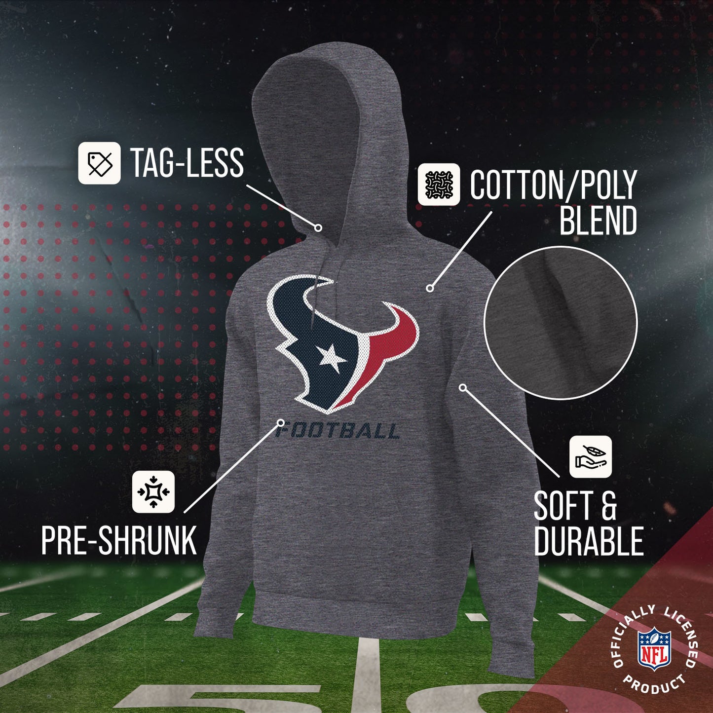 Houston Texans NFL Youth Run City Hoodie- Kids Pro Football Pullover Sweatshirt- Officially Licensed - Sport Gray
