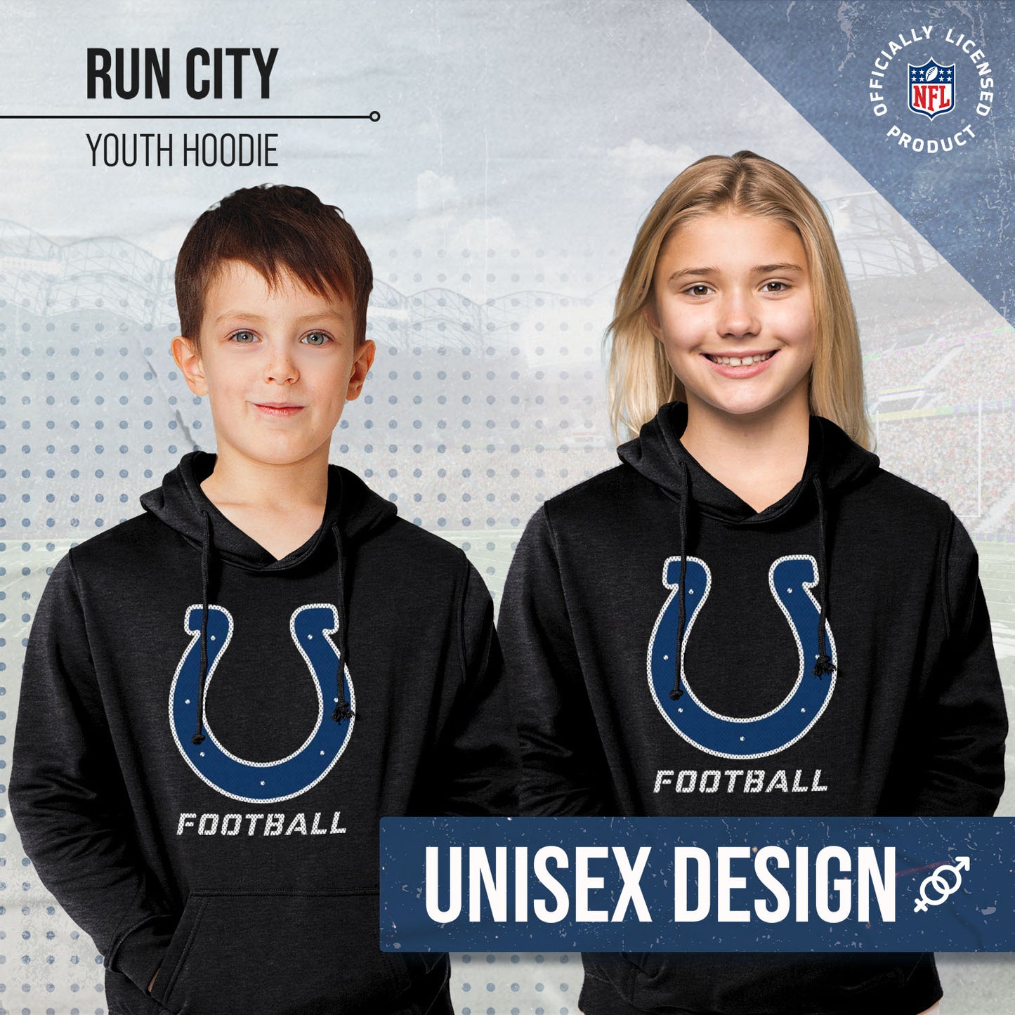 Indianapolis Colts NFL Youth Run City Hoodie- Kids Pro Football Pullover Sweatshirt- Officially Licensed - Black