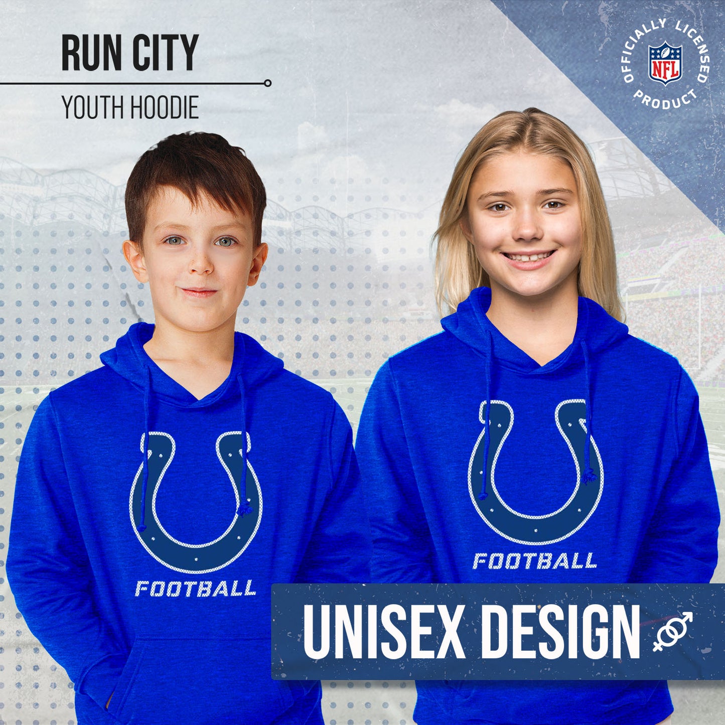 Indianapolis Colts NFL Youth Run City Hoodie- Kids Pro Football Pullover Sweatshirt- Officially Licensed - Royal