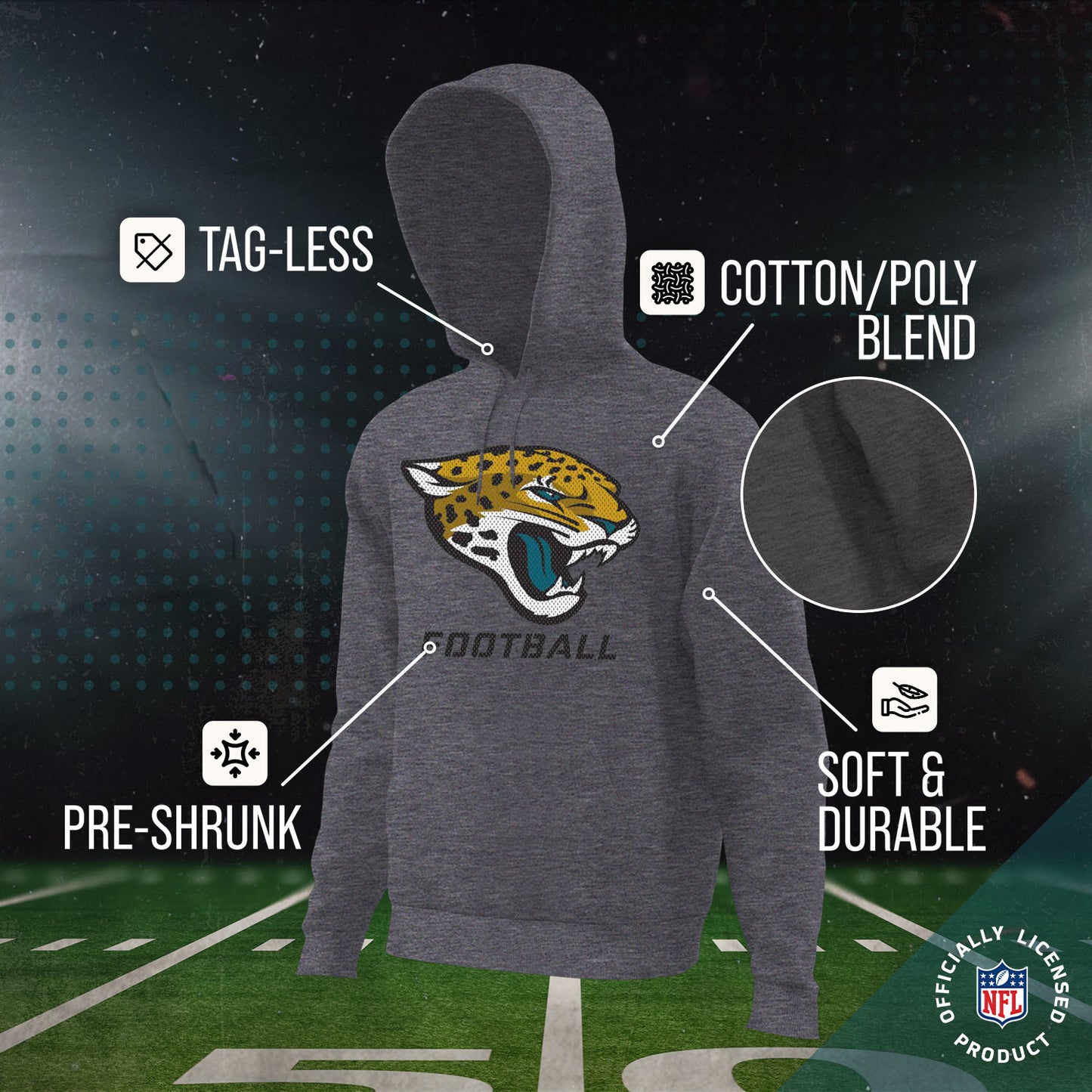 Jacksonville Jaguars NFL Youth Run City Hoodie- Kids Pro Football Pullover Sweatshirt- Officially Licensed - Sport Gray