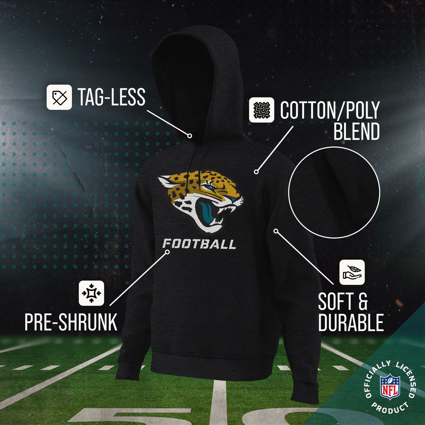 Jacksonville Jaguars NFL Youth Run City Hoodie- Kids Pro Football Pullover Sweatshirt- Officially Licensed - Black