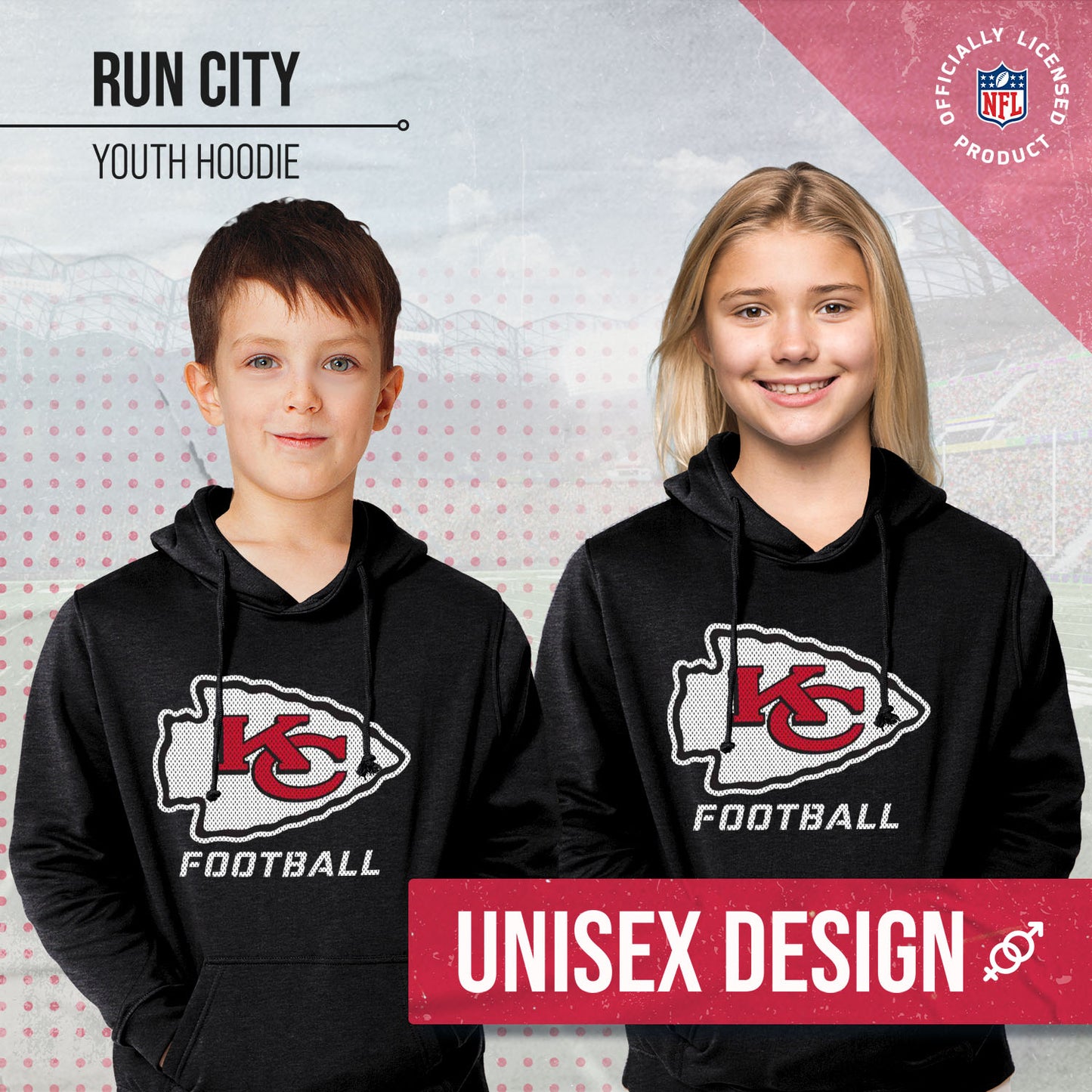 Kansas City Chiefs NFL Youth Run City Hoodie- Kids Pro Football Pullover Sweatshirt- Officially Licensed - Black