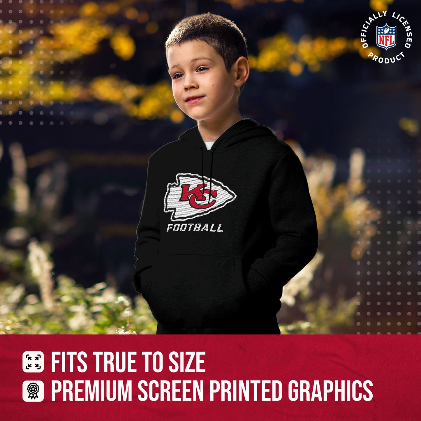 Kansas City Chiefs NFL Youth Run City Hoodie- Kids Pro Football Pullover Sweatshirt- Officially Licensed - Black