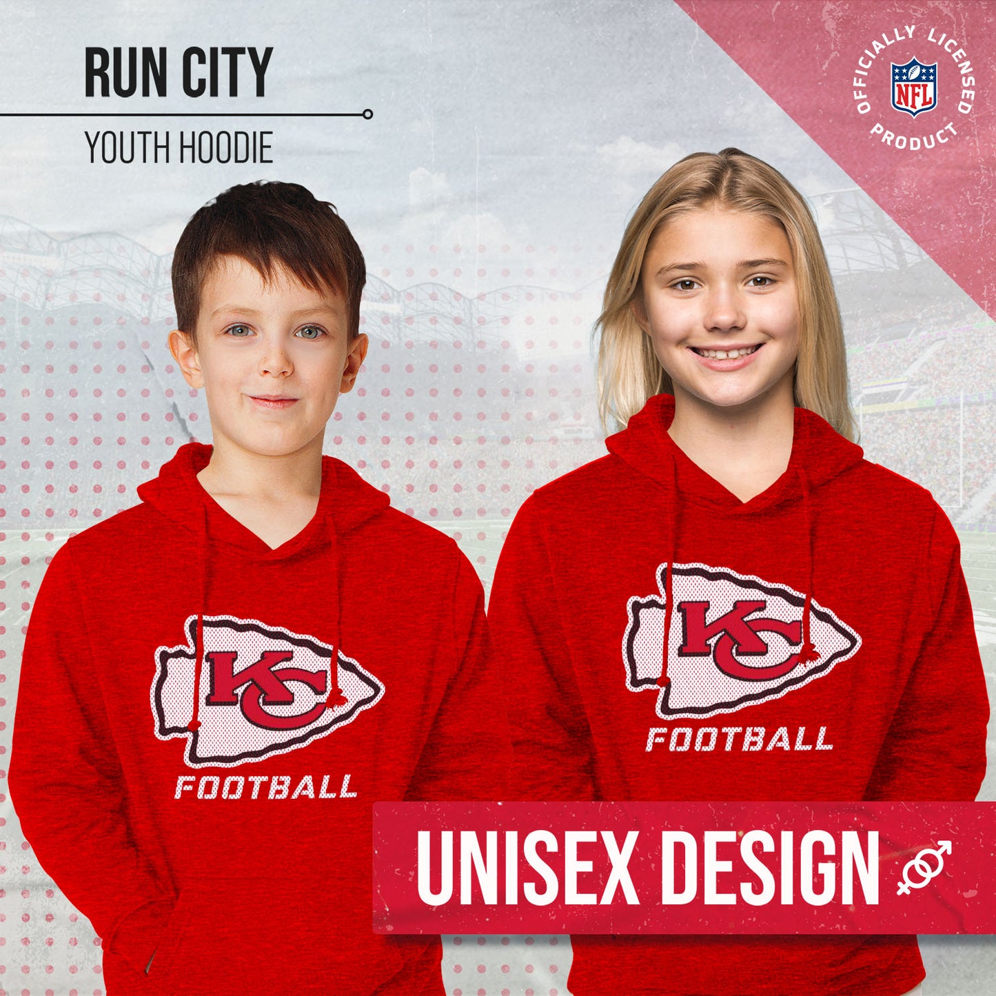 Kansas City Chiefs NFL Youth Run City Hoodie- Kids Pro Football Pullover Sweatshirt- Officially Licensed - Red