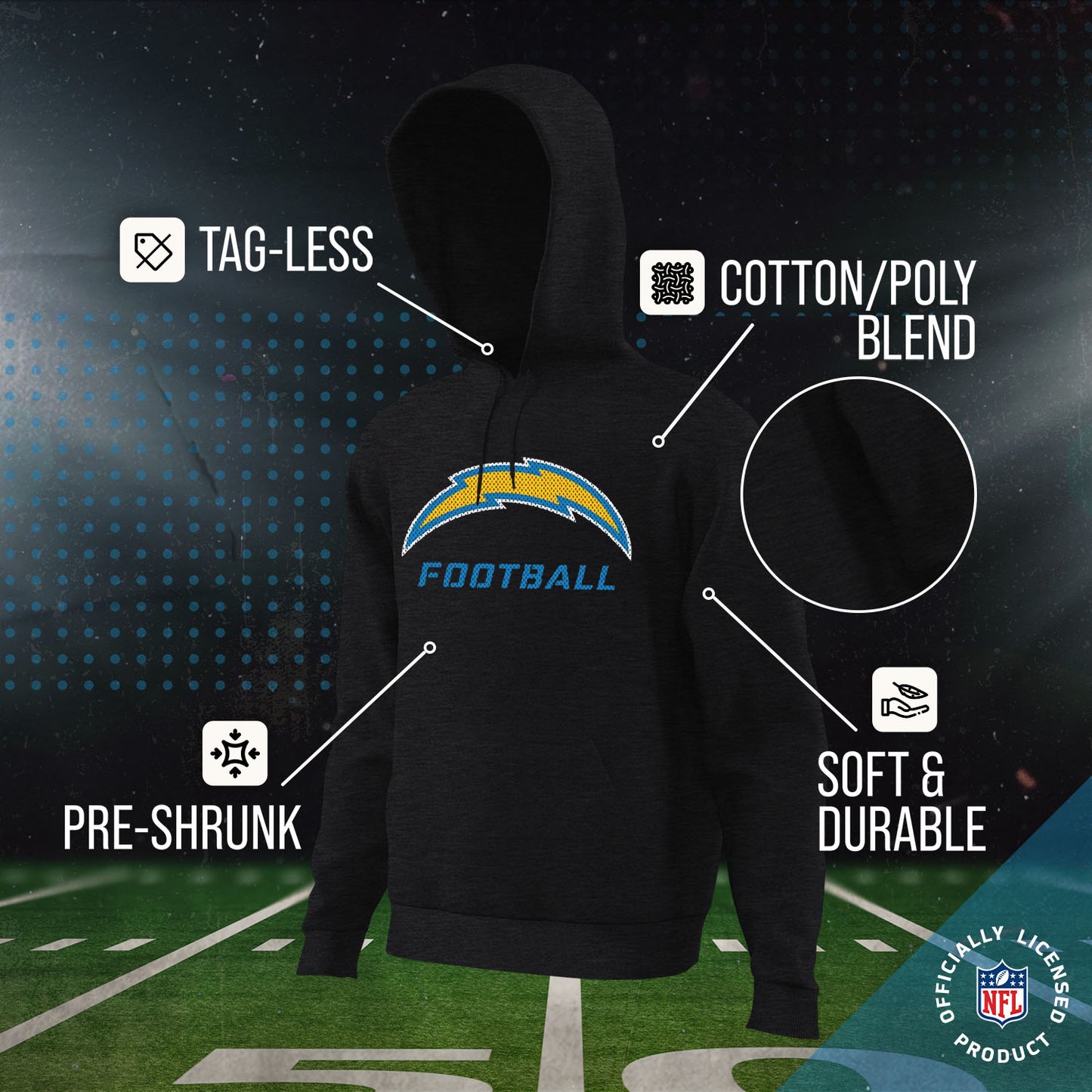 Los Angeles Chargers NFL Youth Run City Hoodie- Kids Pro Football Pullover Sweatshirt- Officially Licensed - Black