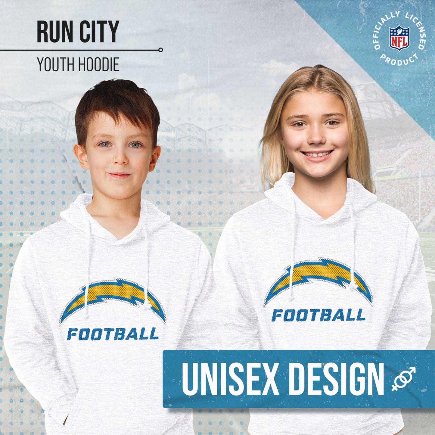 Los Angeles Chargers NFL Youth Run City Hoodie- Kids Pro Football Pullover Sweatshirt- Officially Licensed - White