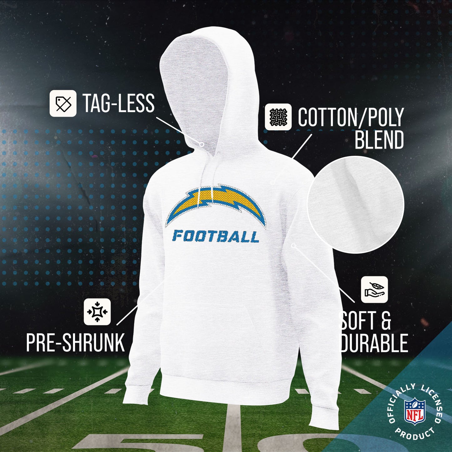 Los Angeles Chargers NFL Youth Run City Hoodie- Kids Pro Football Pullover Sweatshirt- Officially Licensed - White