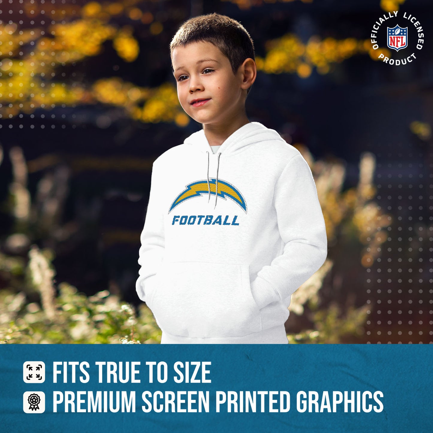 Los Angeles Chargers NFL Youth Run City Hoodie- Kids Pro Football Pullover Sweatshirt- Officially Licensed - White