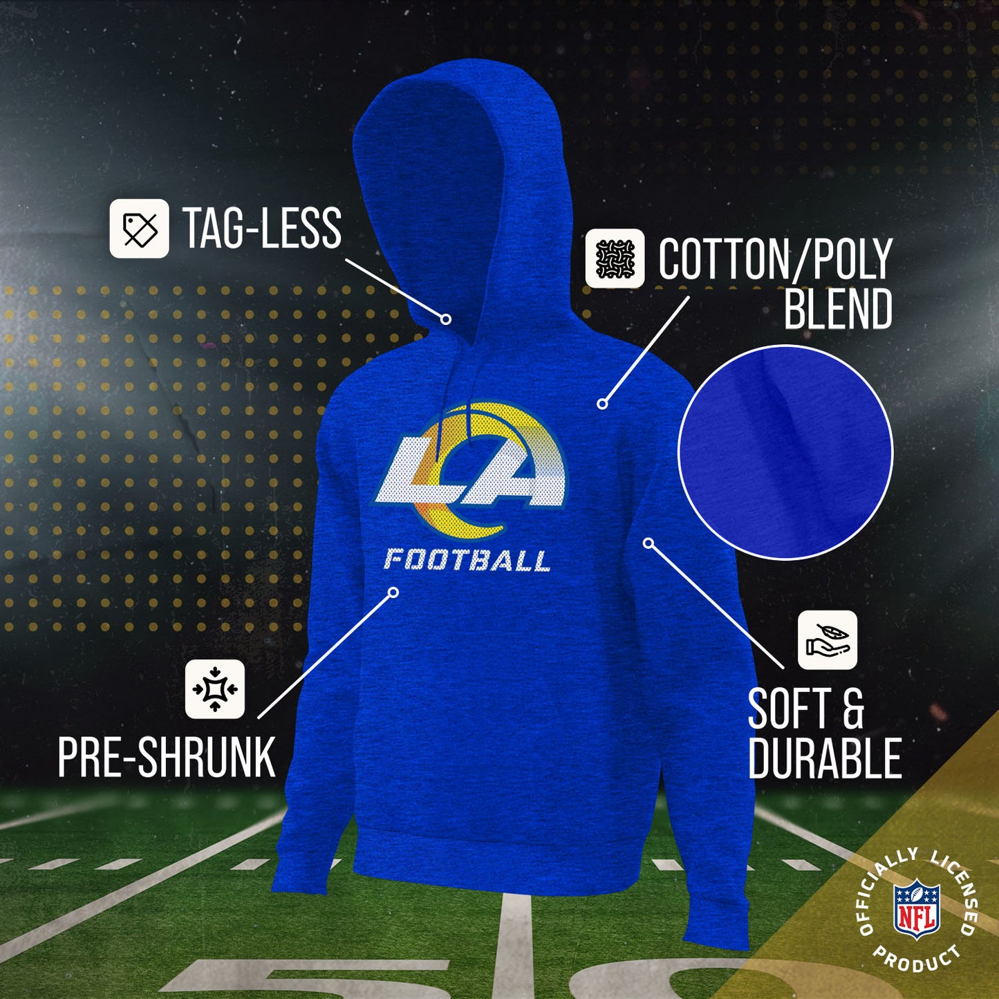 Los Angeles Rams NFL Youth Run City Hoodie- Kids Pro Football Pullover Sweatshirt- Officially Licensed - Royal
