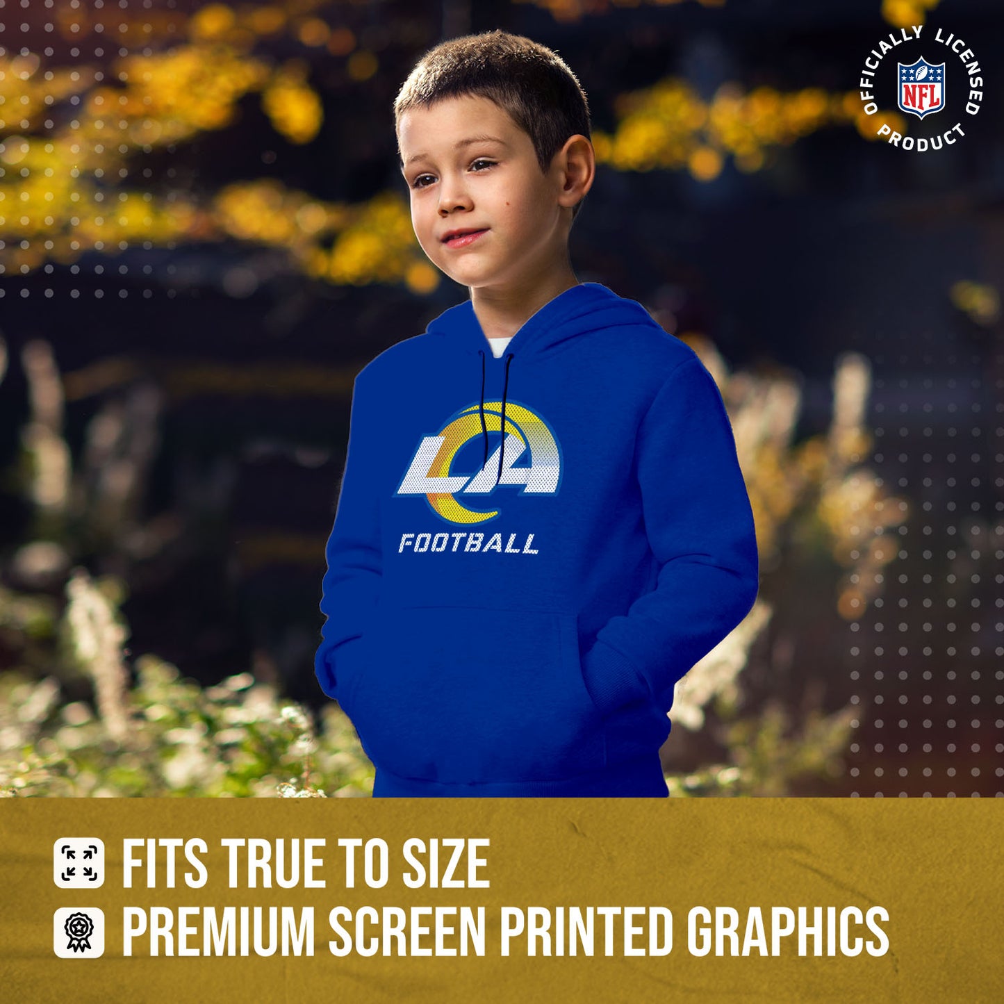 Los Angeles Rams NFL Youth Run City Hoodie- Kids Pro Football Pullover Sweatshirt- Officially Licensed - Royal